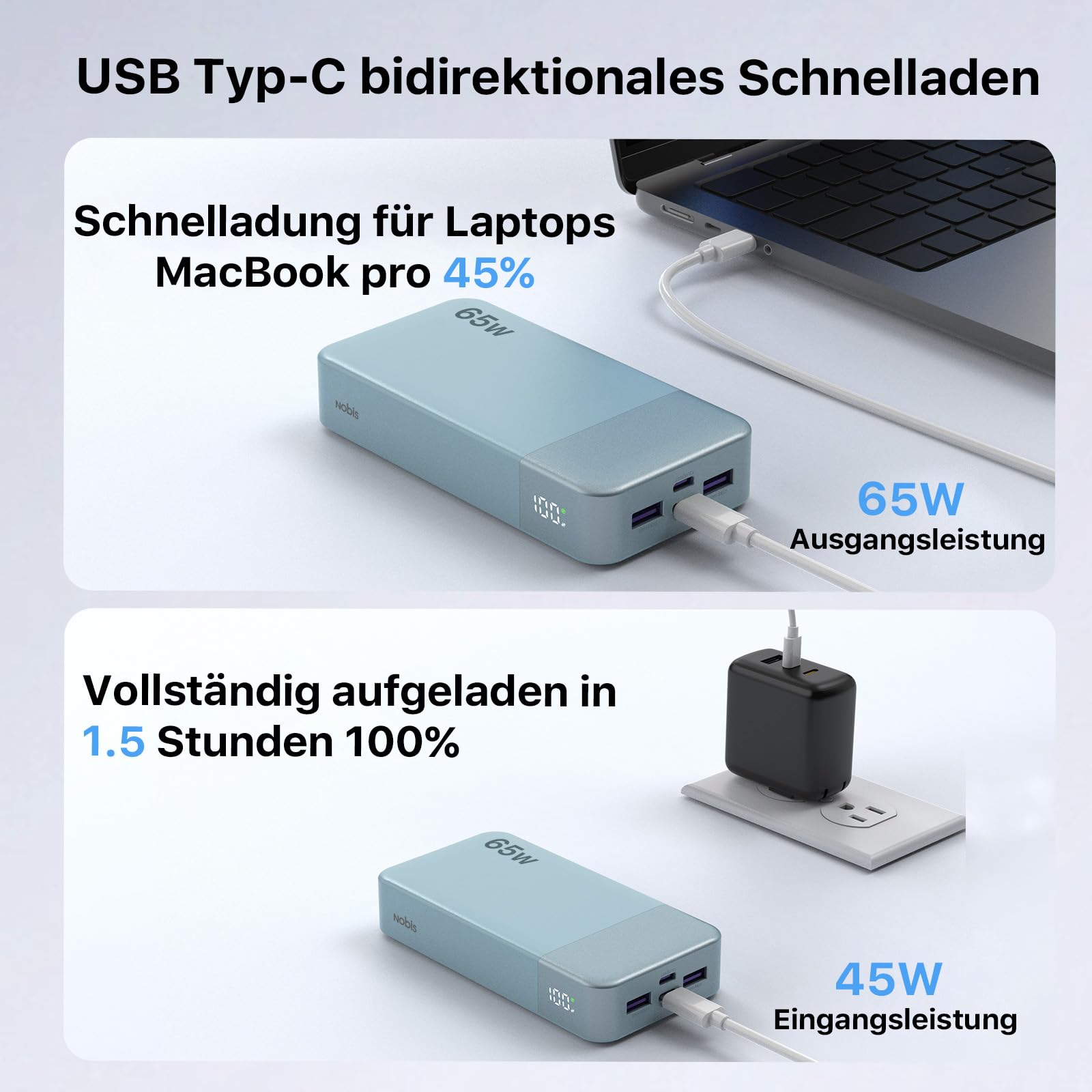 NOBIS 65W 20.000 mAh PD QC Schnelllade Powerbank mit Digitalanzeige | 2×USB-C(Ein/Aus) & 2×USB-A(Ans), geeignet für Laptops, Handys, Tablets, Kopfhörer