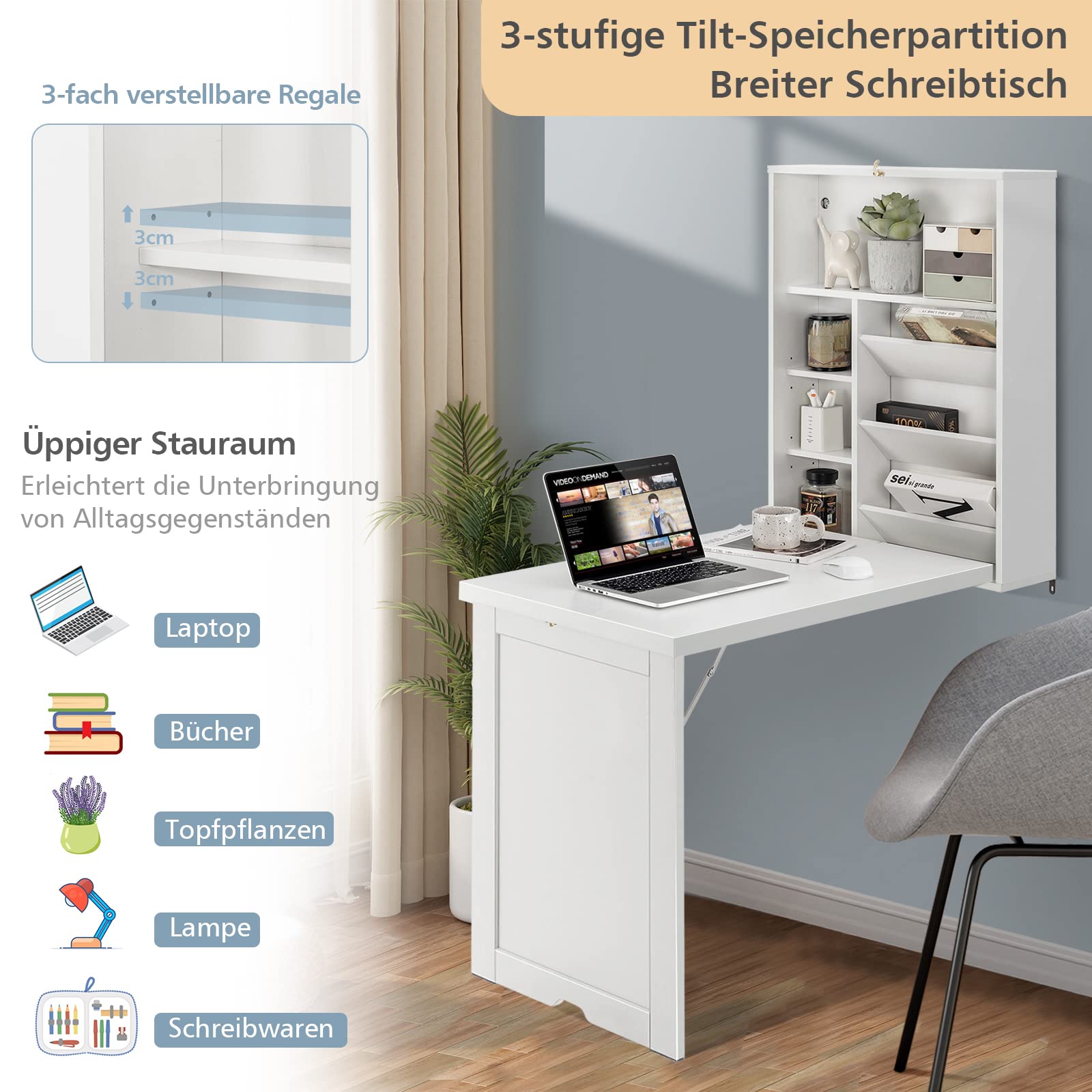 COSTWAY Wandklapptisch mit Stauraum, klappbarer Wandtisch, platzsparender Wand Klapptisch, Schreibtisch Esstisch für Esszimmer Wohnzimmer Küche (Weiß)