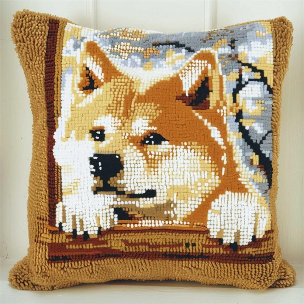 Kitquiver Pet Dog Latch Hook Craft Kits Shiba Inu Animal Cushion Pillow Front Chunky Cross Stitch Kits DIY Embroidery Needlepoint Kit for Home Décor 17x17in
