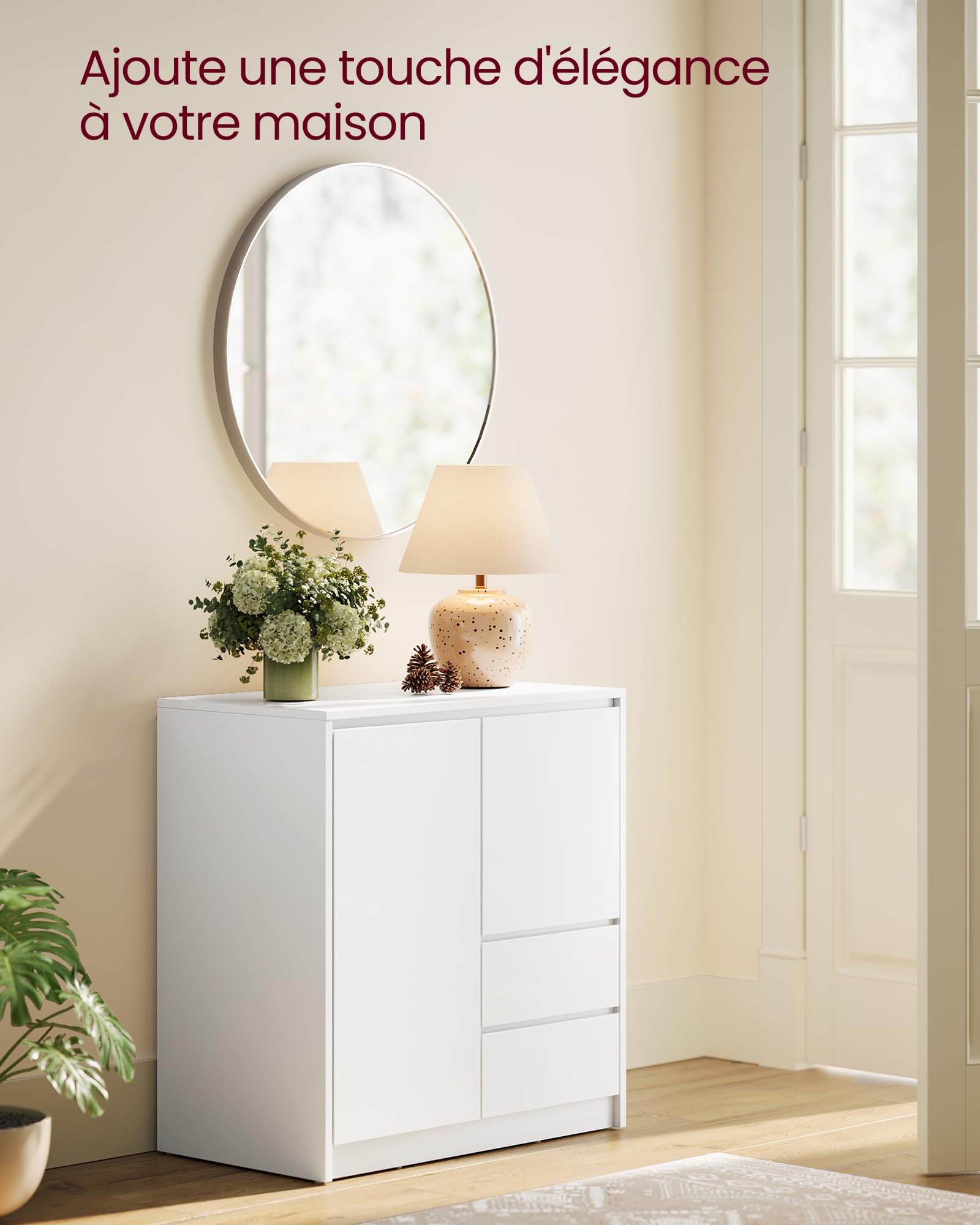 VASAGLE Kailyn Collection - Buffet, Armoire de Rangement, avec Porte et Étagère Réglable en Hauteur, 2 Tiroirs, Moderne, 70 x 40 x 74,5 cm, pour Salon, Salle à Manger, Bureau, Blanc Nuage BBK243W01V1