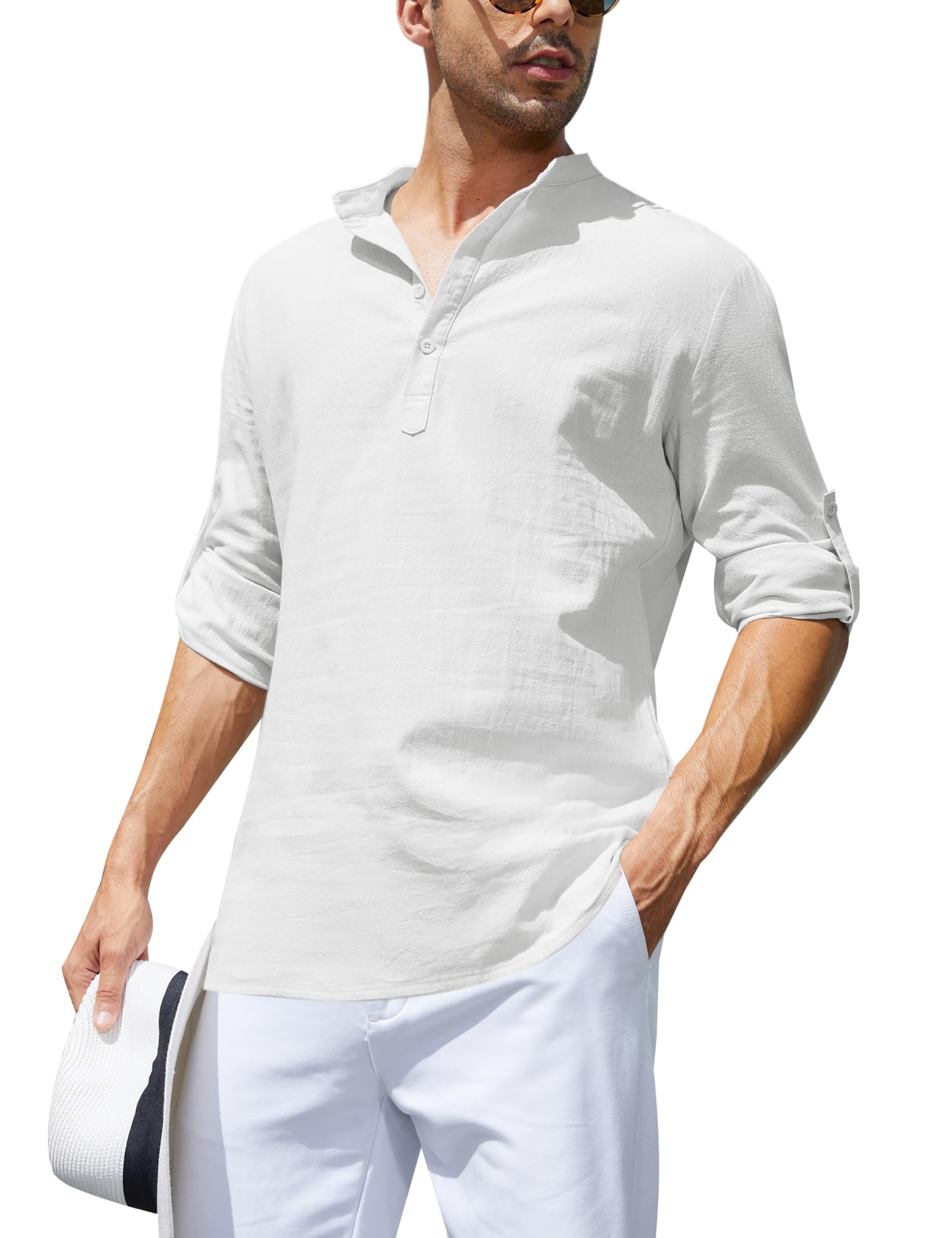 Migcaput Camicia da Uomo in Lino Camicia Casual a Maniche Lunghe Henley Camicia Estiva Casual in Misto Cotone Tinta Unita per Uomo