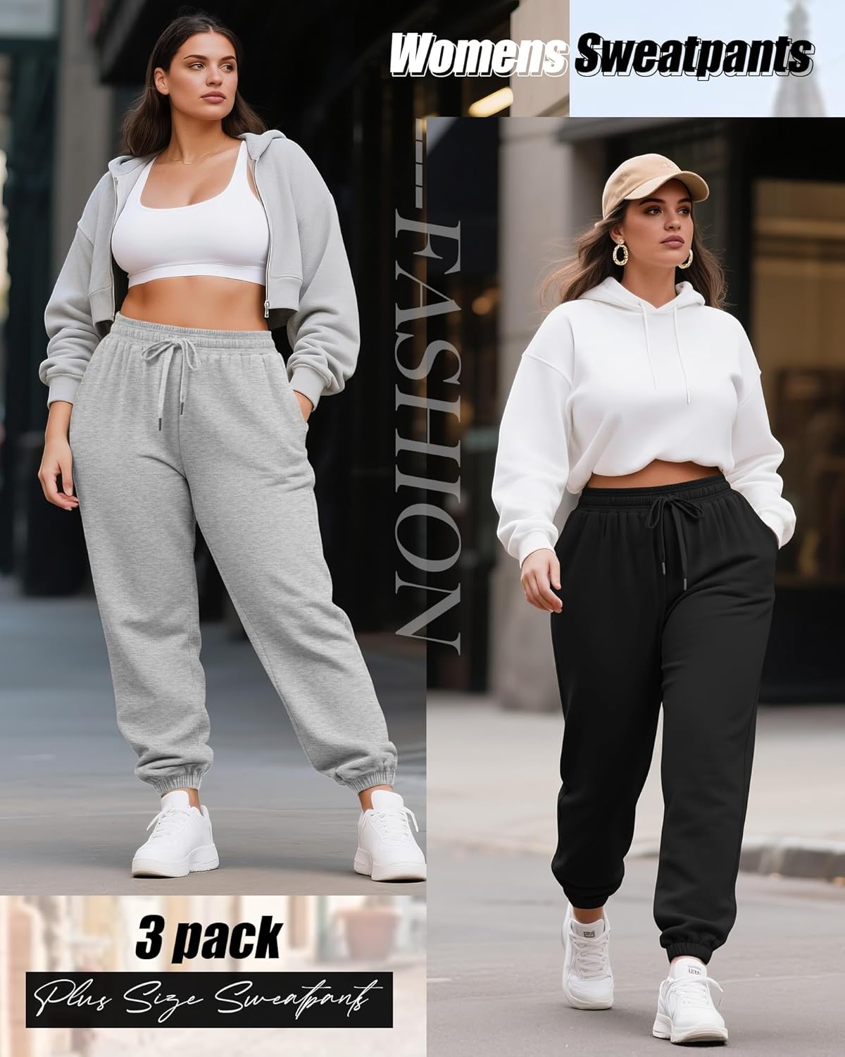 3 Pack Women's Plus Size Joggers, Drawstring Loose Fit Sweatpants Comfy Casual Lounge Pants with Pockets - Image 2