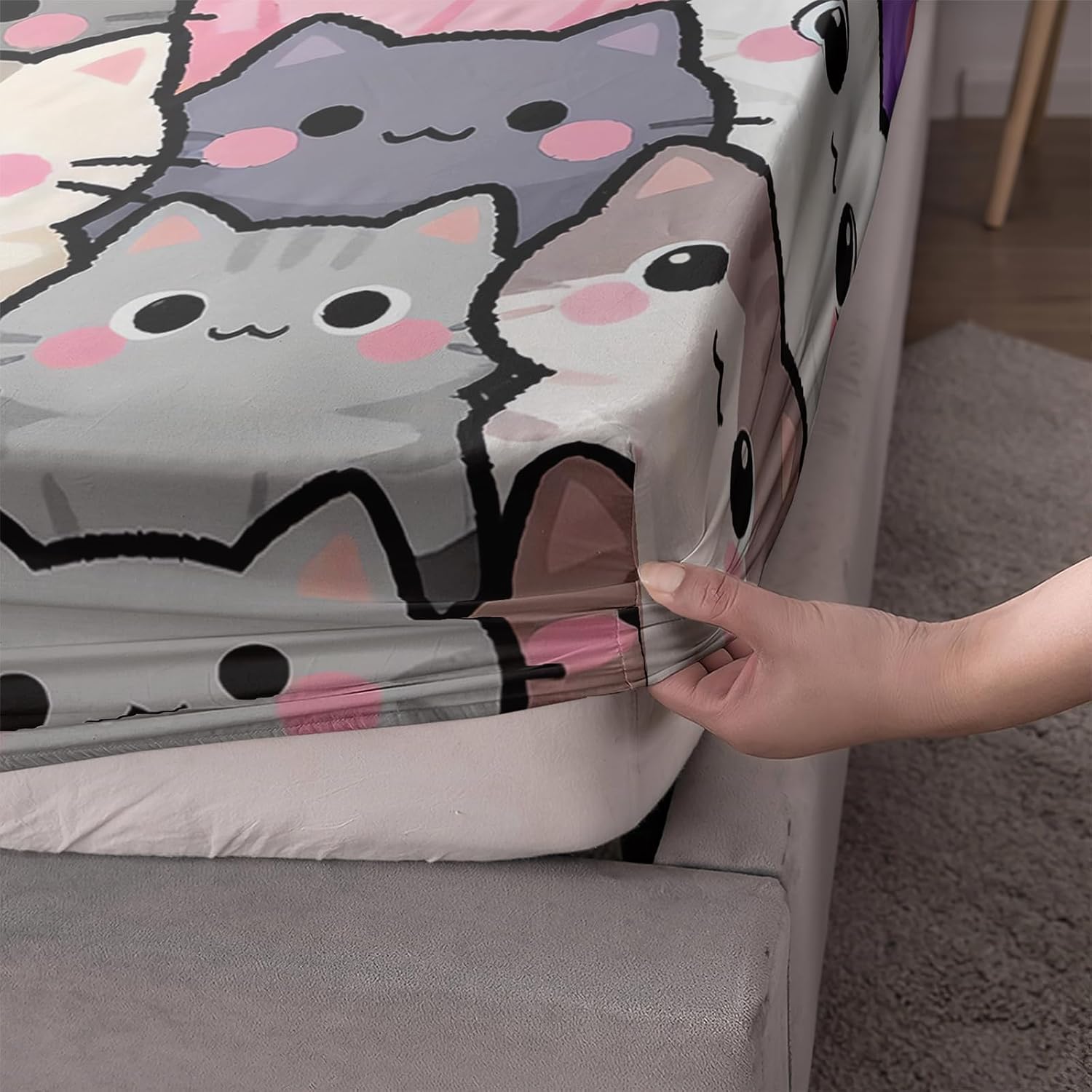 AILONEN Twin XL Size 3 Pieces Fitted Sheet Set Cute Cartoon Cats Kittens Colorful Kawaii Anime Style Microfiber Bedding for Kids Girls with 2 Pillowcases 16 Inch Deep Pocket