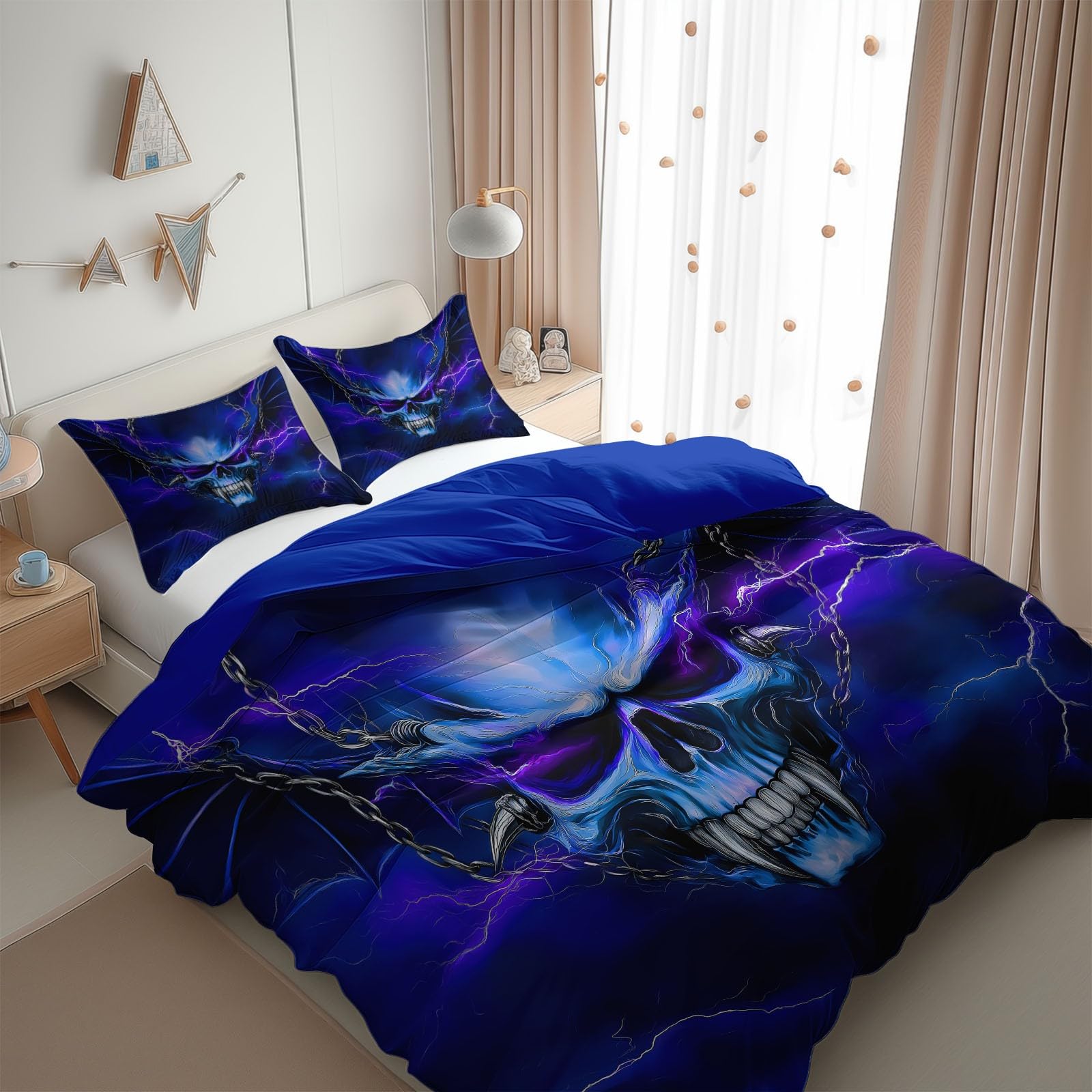 Générique Fantazyjna poszwa na kołdrę 220x240 cm Zestaw pościeli z nadrukiem, zestaw pościeli w paski z czaszką nastolatka dziewczyna dzieci - Royal Blue hipoalergiczna poszwa na kołdrę z poszewkami