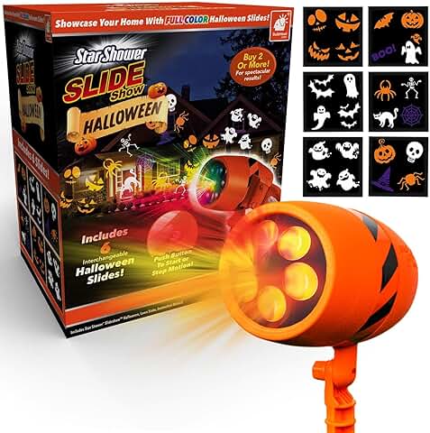 Star Shower Show LED Projector, AS SEEN ON TV, Showcase Your Home with Full-Color Holiday, Use 2 or More for Spectacular Results, Hassle-Free, Includes 6 Halloween Slides, 7 in, Orange