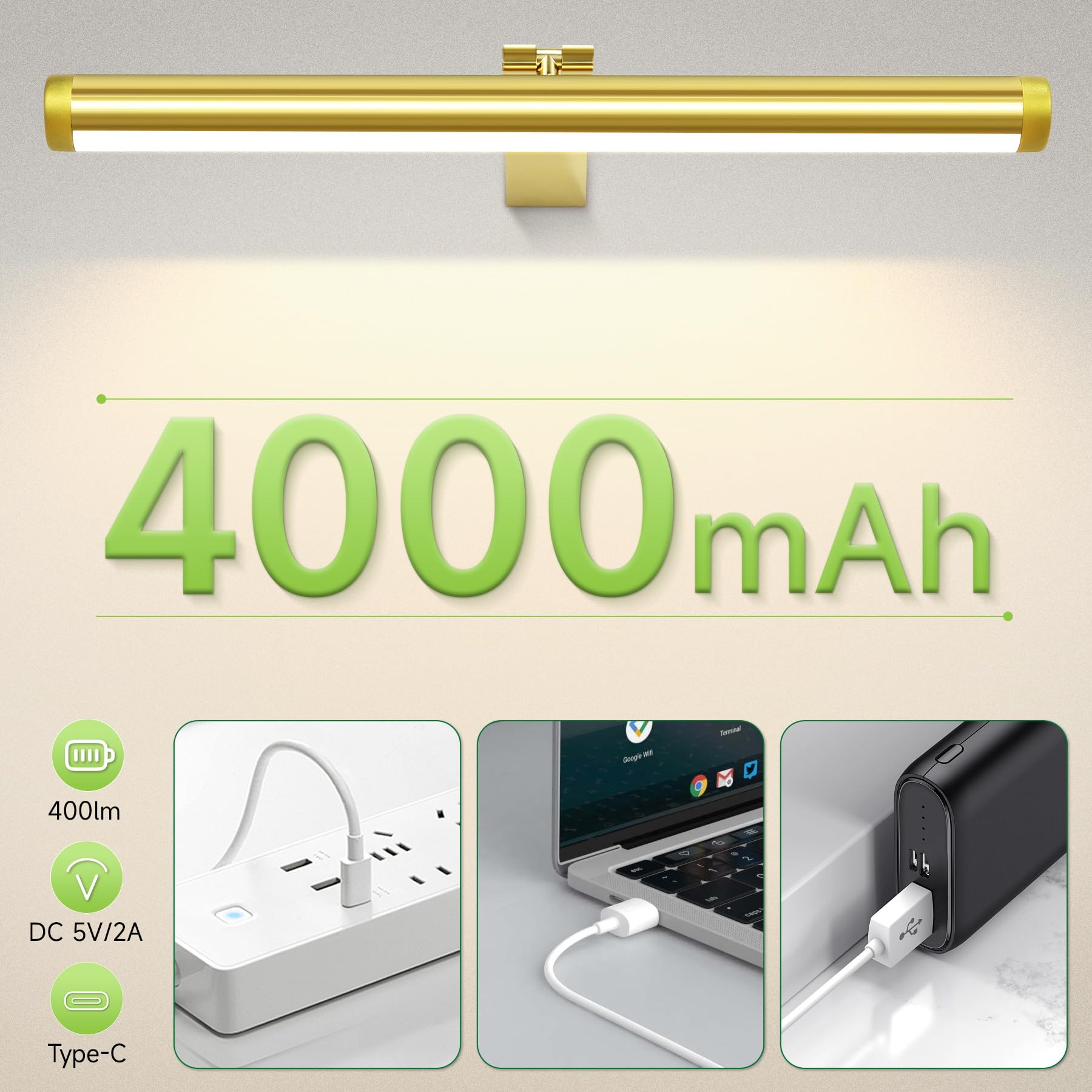 CHENBEN Lámparas de pared inalámbricas con mando a distancia,225° ajustable,4000mAh con batería,regulable/temporizador,17.12inch Lámparas de aluminio para cuadros/marcos/pósters,dorado