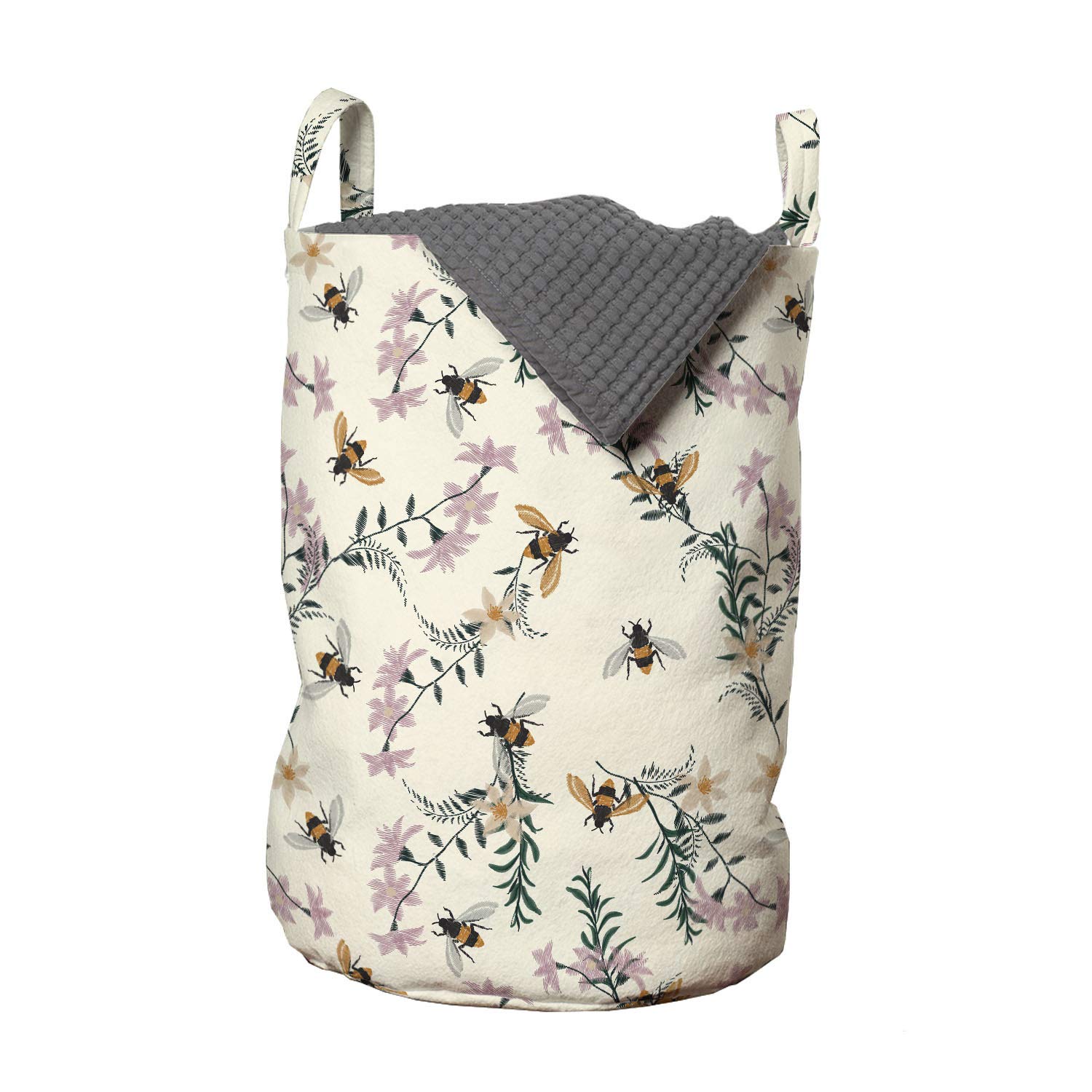 Ambesonne Floral Laundry Bag, Vintage Craftwork Look Honey Bee Flowers Petals Print, Hamper Basket with Handles Drawstring Closure for Laundromats, 13