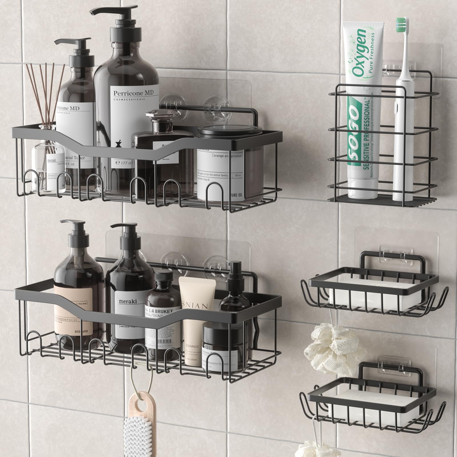 OUSFOT Set of 5 Shower Shelf Organizer 304 Stainless Steel for Bathroom with Soap Dish, Adhesive Storage Rack for Bathroom, Shampoo Holder, Black