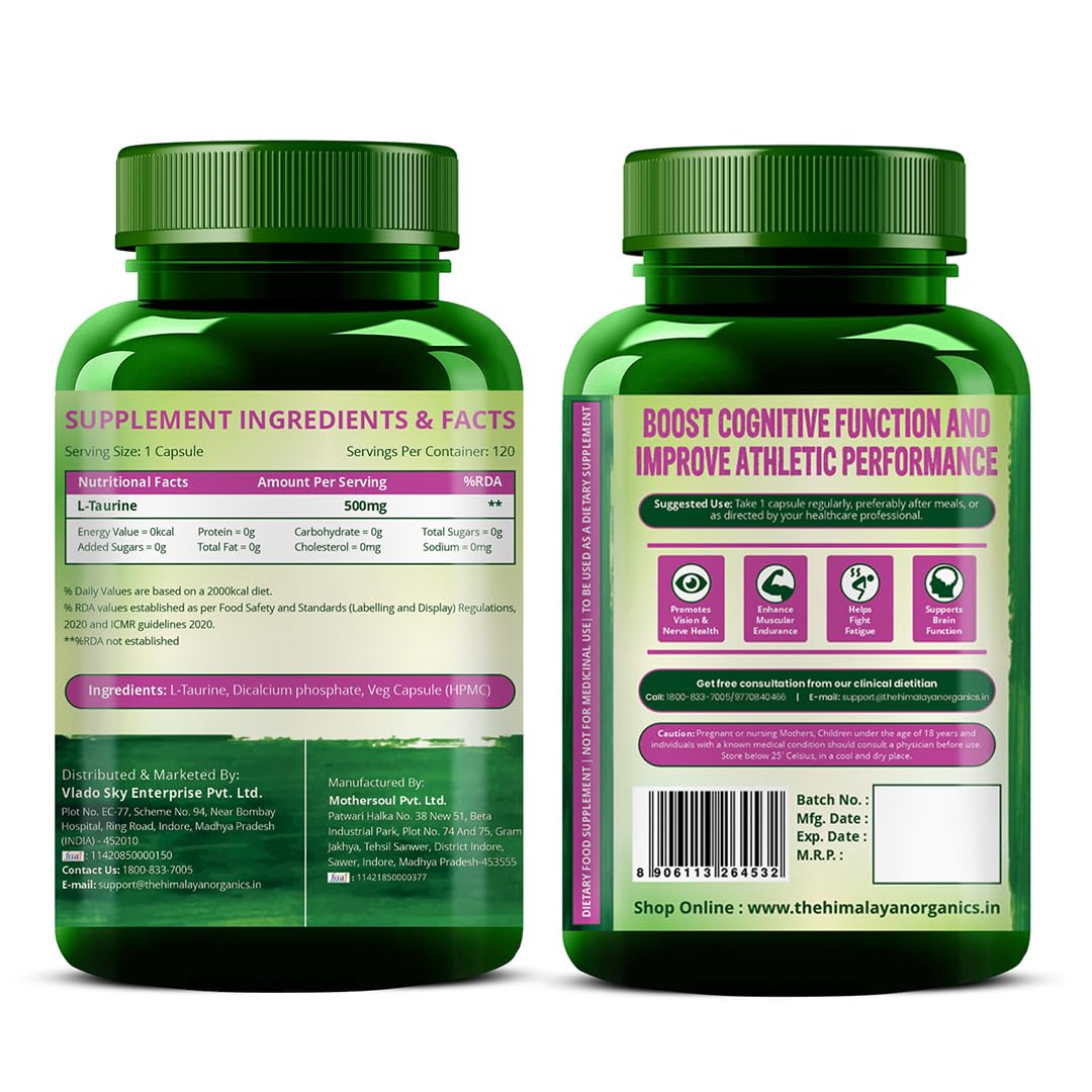 Vlado's Himalayan Organics L-Taurine 500mg | Amino Acid Supplement for Athletic Performance | Support Muscle Recovery | Improve Performance | Promotes Vision & Nerve Health - 120 Veg Capsules - Image 8 thumbnail