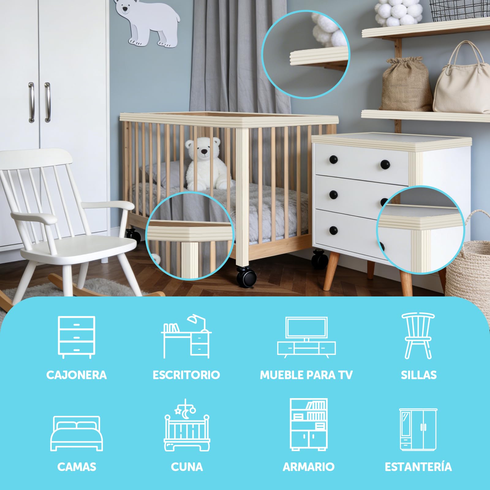 shinfly Multiusos Protector Espuma, 5mx8cmx8mm Autoadhesivo Protector Pared Cama niños, Espuma Ancha Suave Gruesa Rollo para Superficie Dura & Bordes, Protección de Bordes para Ancianos Blanco Lana — view 4