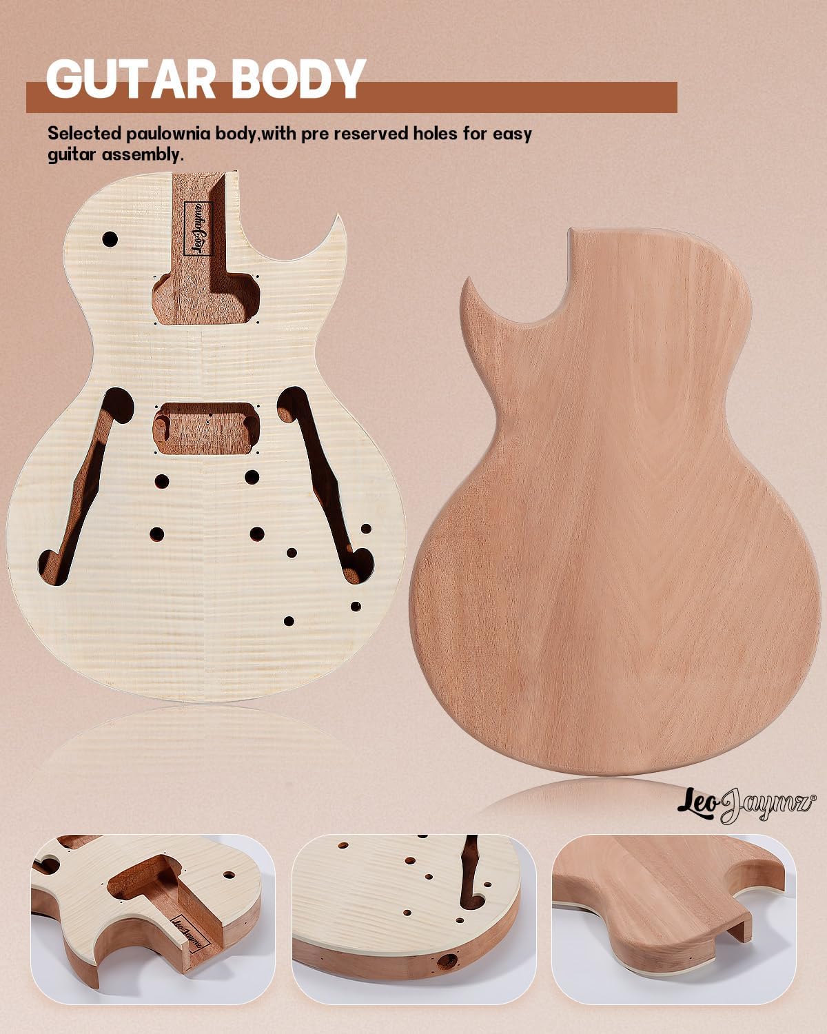 Side and back views of the maple neck with laurel wood fingerboard, emphasizing the premium wood quality for enhanced sound sustain.