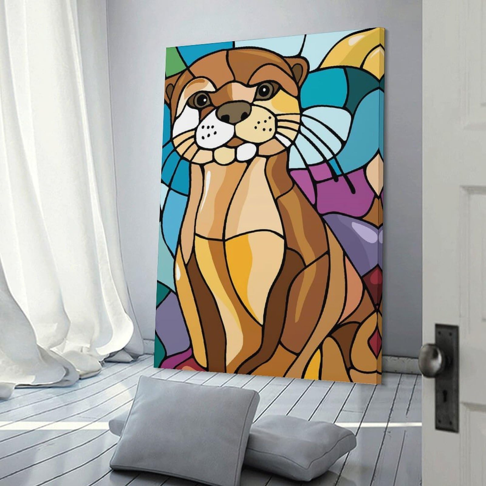 Junmoney Frame-Style-17 Stained Glass Otter Canvas Art Print, 24X36inch(60X90cm), For Living Room, Bedroom, Office Or Hallway, Decorative Artwork With Broad Appeal