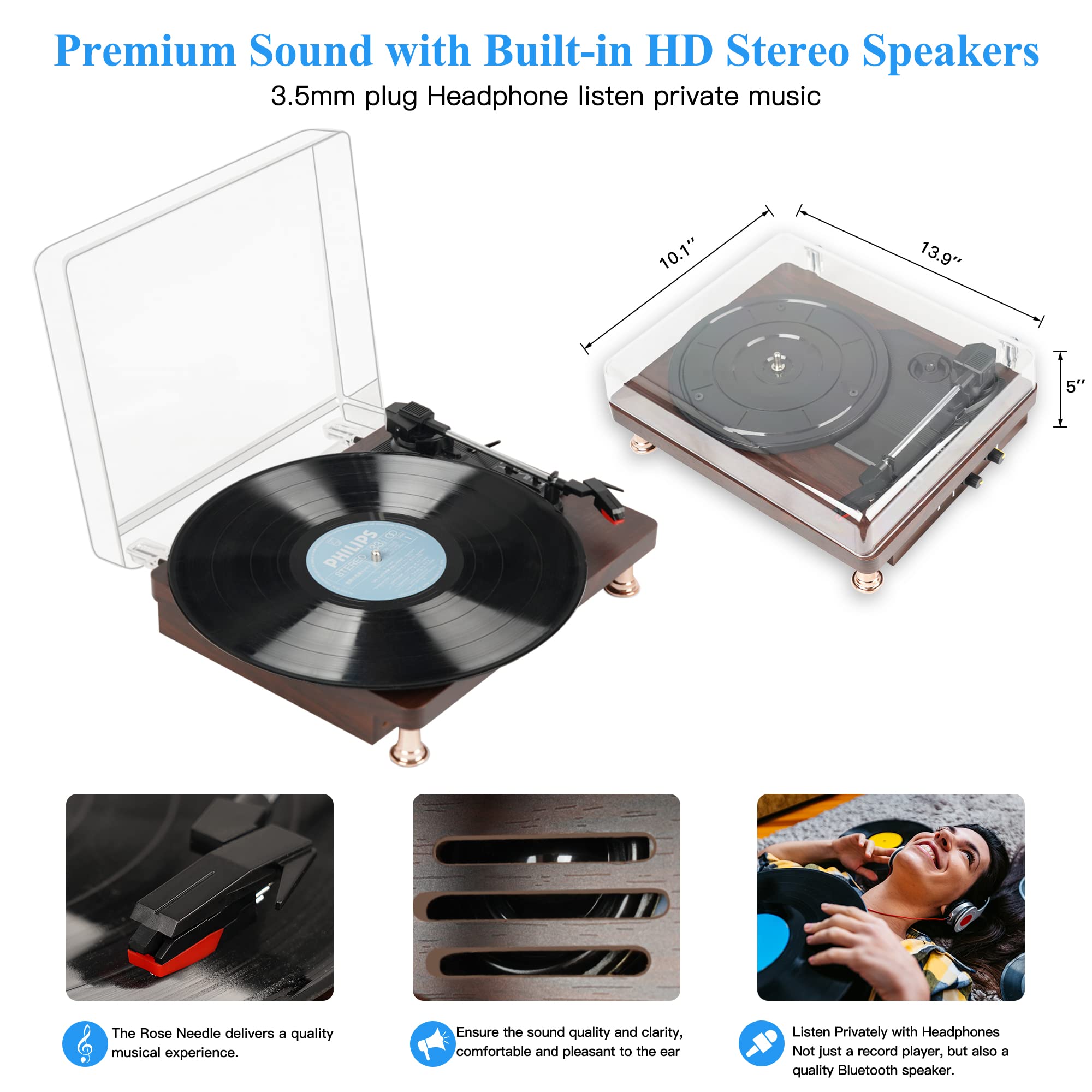 Vintage Bluetooth Record Player,Turntables for Vinyl Records,3-Speed Vinyl Record Player with 2 Built in Stereo Speakers,Turntable Record Player,Hi-Fi,RCA Out,AUX in,Auto Off,Wood