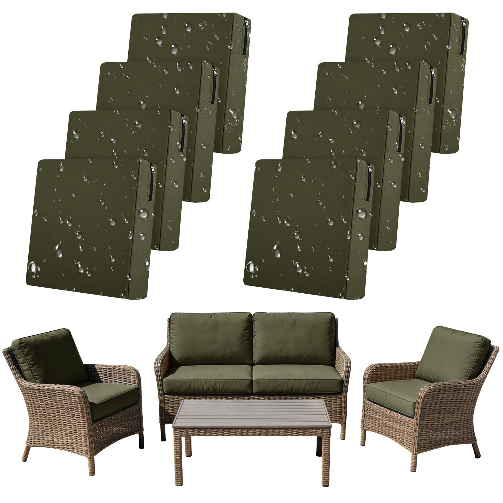 SYLC 8Pcs Outdoor Cushion Covers Waterproof Patio Cushion Covers Replacement with Zipper, Garden Rattan Sofa Seat Slipcovers Furniture Protector (Olive green,4pcs 65×65×10cm＋4pcs 60×60×10cm)