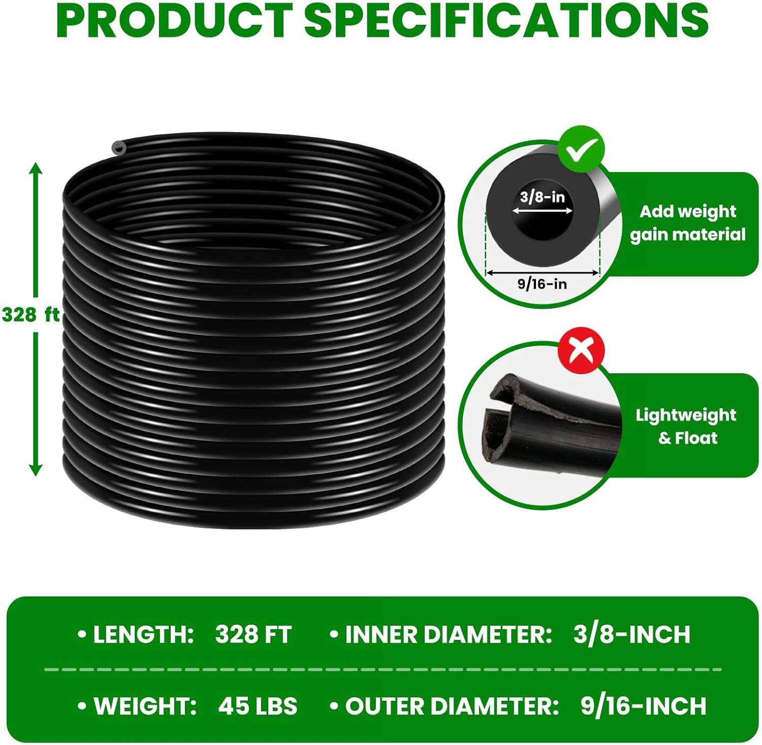 3/8 inch Self Sinking Aeration Hose, Pond Aerator Hose Kit with 4 Copper Menders and 4 Stainless Steel for Aquaculture,Garden of Aeration and Water Re-circulatio - 328Feet
