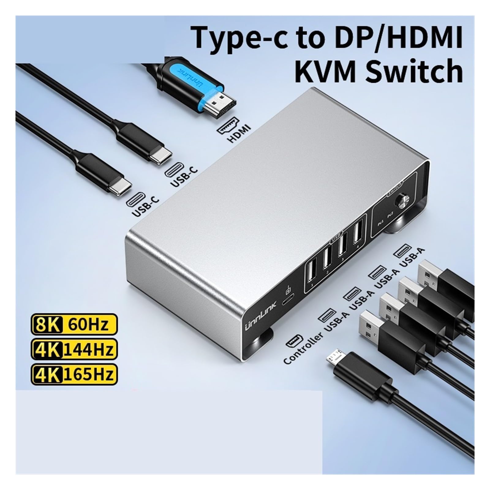 Convertitori video, Switch KVM USB C tipo C a DP KVM Switcher 4K 144Hz 2 PC che condividono display, stampante, tastiera e mouse, convertitore U Disk(USB C to HDMI)