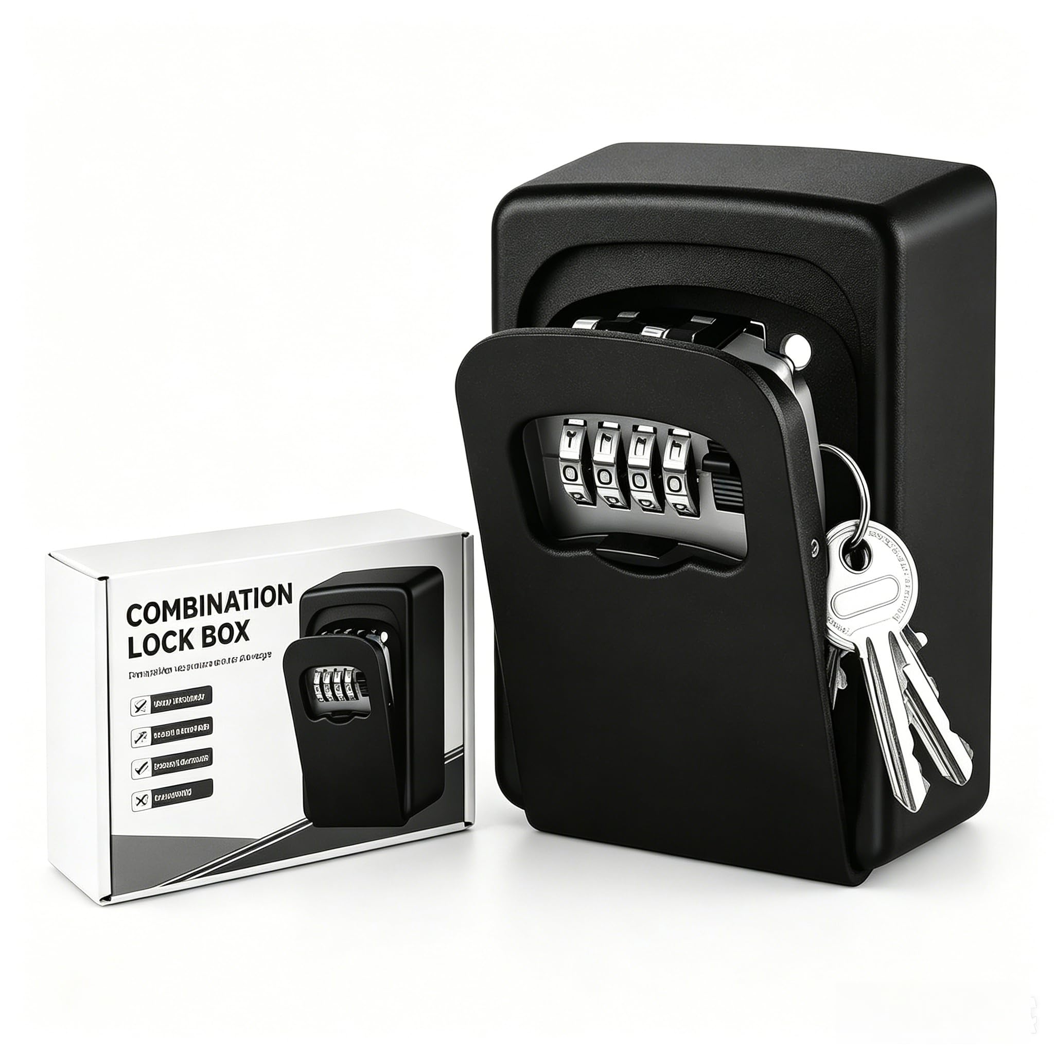 Ammiy Black Key Lock Box For Outside - Sturdy & Durable, 5 Key Capacity, Waterproof, Emergency Spare Key Lockbox With Resettable Code For Home, Garage, Airbnb