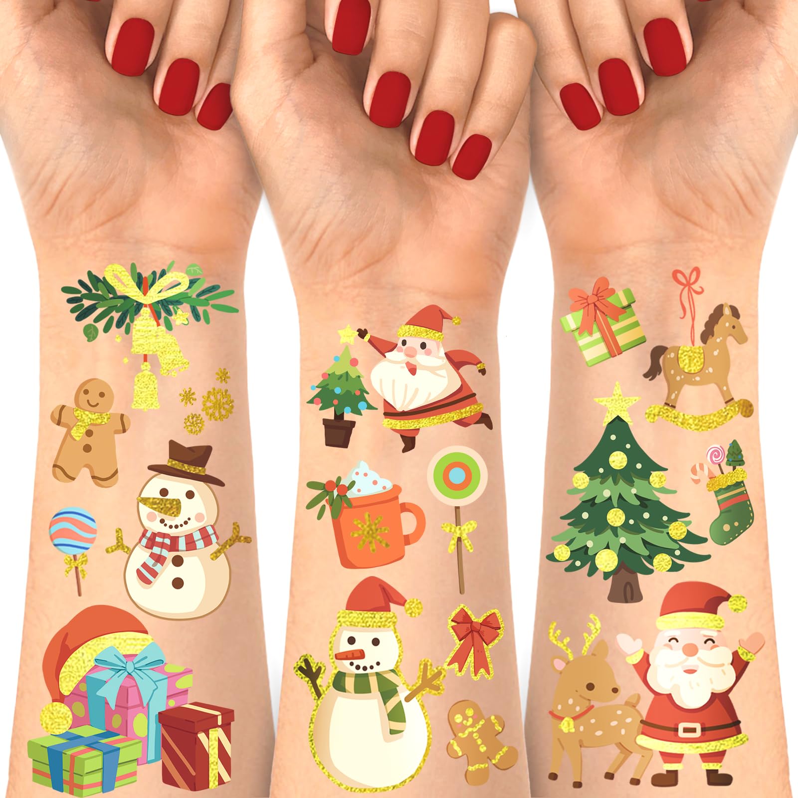408 Tatuaggi Temporanei Natalizi Per Bambini - Luminosi Al Buio, Motivi Babbo Natale E Renne, Adesivi Festa Regalo
