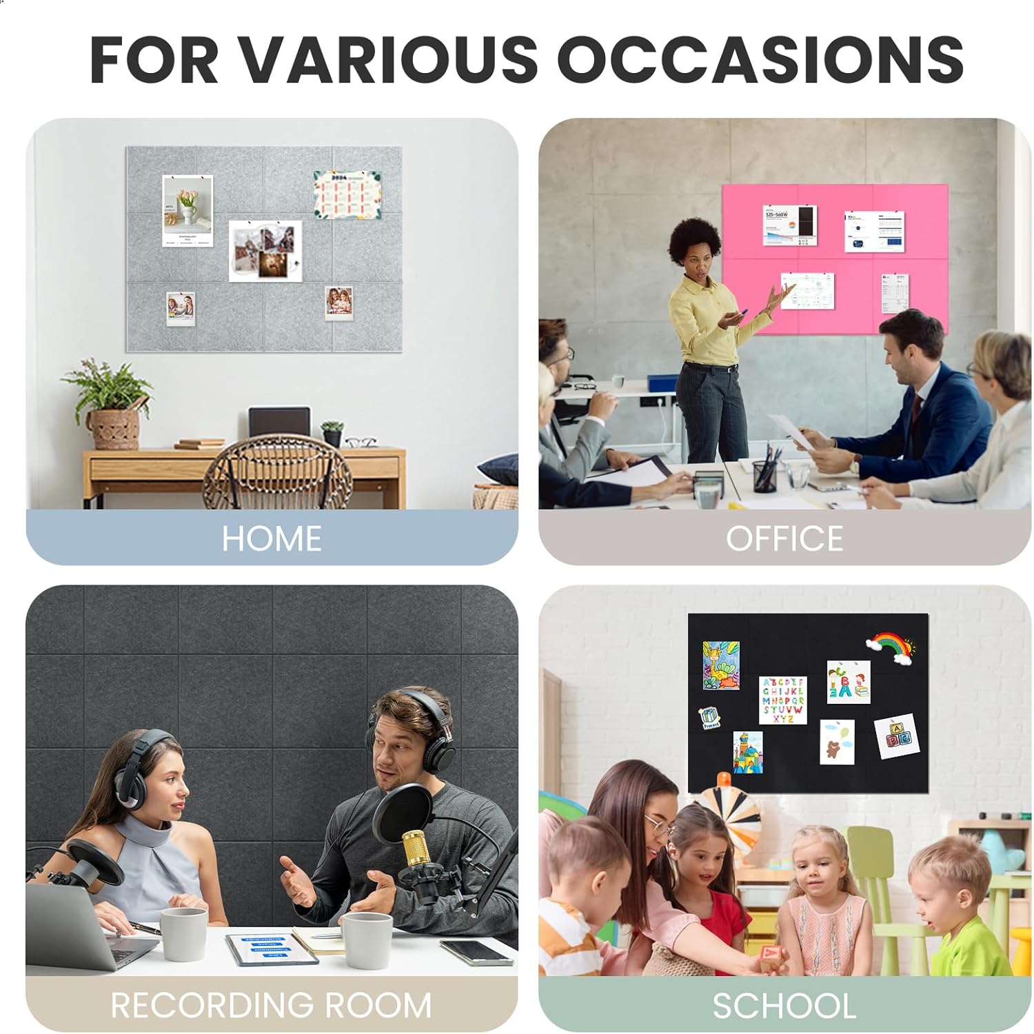 Large Cork Bulletin Board Alternative 48"x36", 12 Pack Felt CorkBoard Tiles for Office Wall with 80 Pushpins, Wall-Friendly Pin Board Notice Boards for Home Office School (White, 48x36 inch)