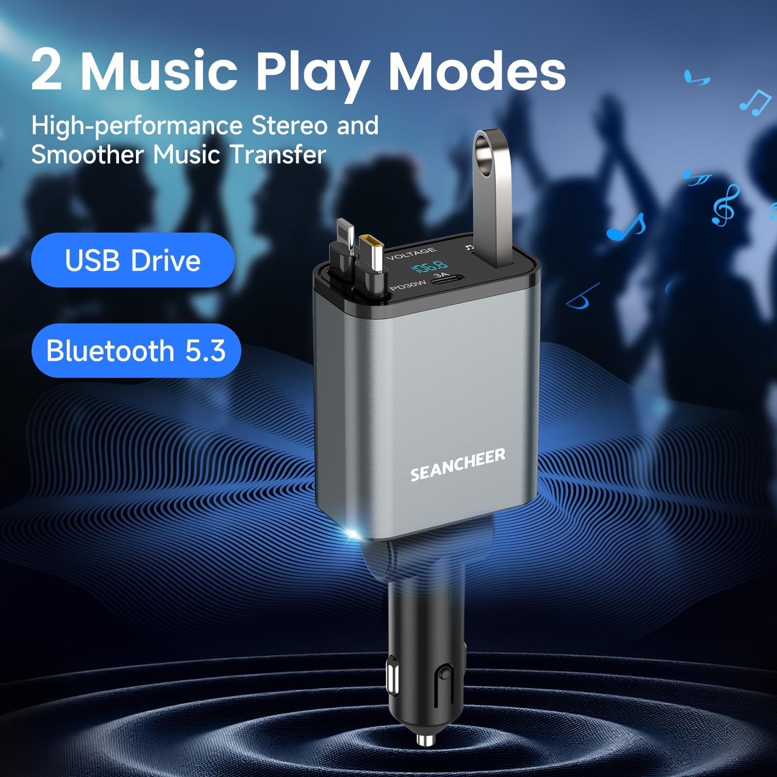 SEANCHEER Adapter Bluetooth do samochodu i zapalniczki samochodowej USB C, 69 W, ładowarka samochodowa z 2 zwijanymi kablami, transmiter FM
