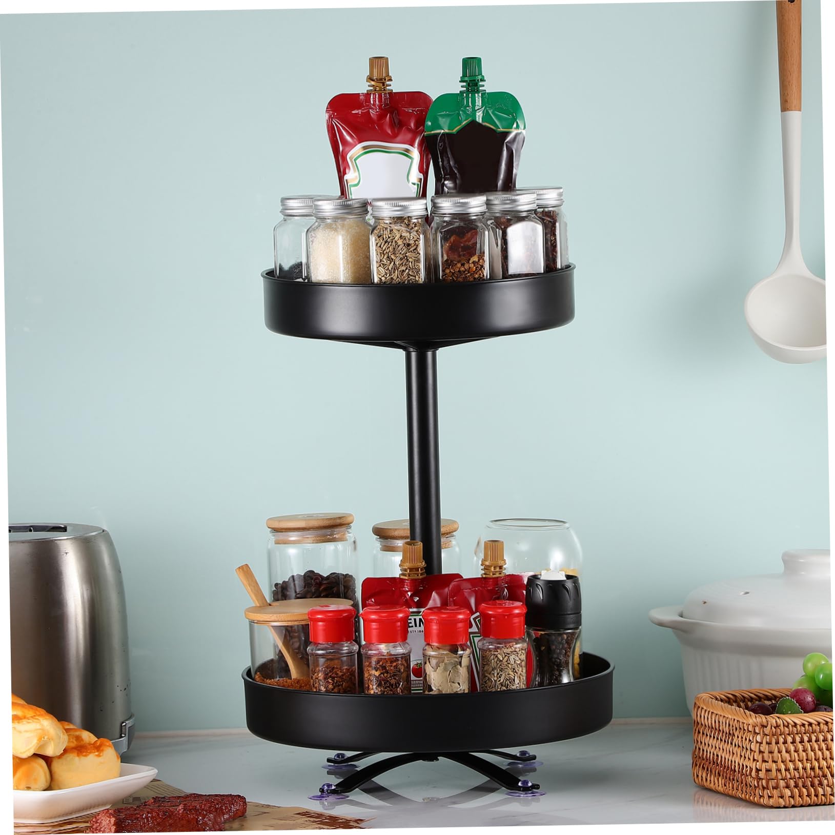 Organizador Giratorio de Condimentos 10 y 12 Estante Doble, Bandeja Giratoria Resistente, Almacenamiento de Cocina para Facilitar el Acceso y Organización de Salsas y Especias