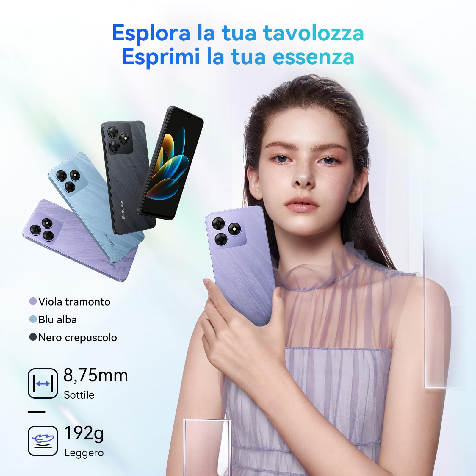 Blackview Android 14 WAVE 8 Smartphone, 12/256GB 2TB TF,6,56" 90Hz Display, 5000mAh, 13MP+8MP/Face ID/Fingerprint/FM/OTG/GPS/3.5mm Jack/Dual SIM, Octa-Core Cellular