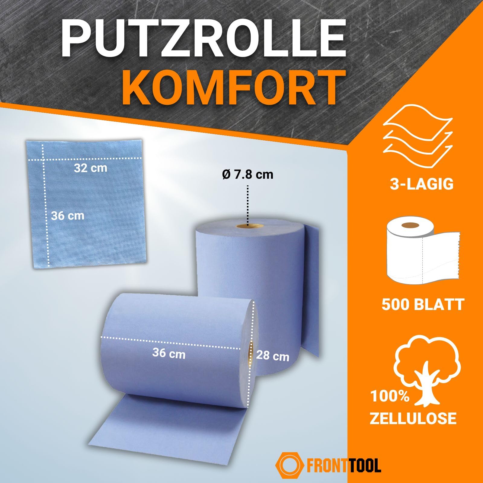 FRONTTOOL Putzrolle Werkstatt 3-lagig | 2 Rollen + Metallständer | 500 Abrisse | Zellulose Putztuch für Werkstatt & Garage | Saugfähig bei Öl & Fett | Inklusive Metallständer mit Schiene