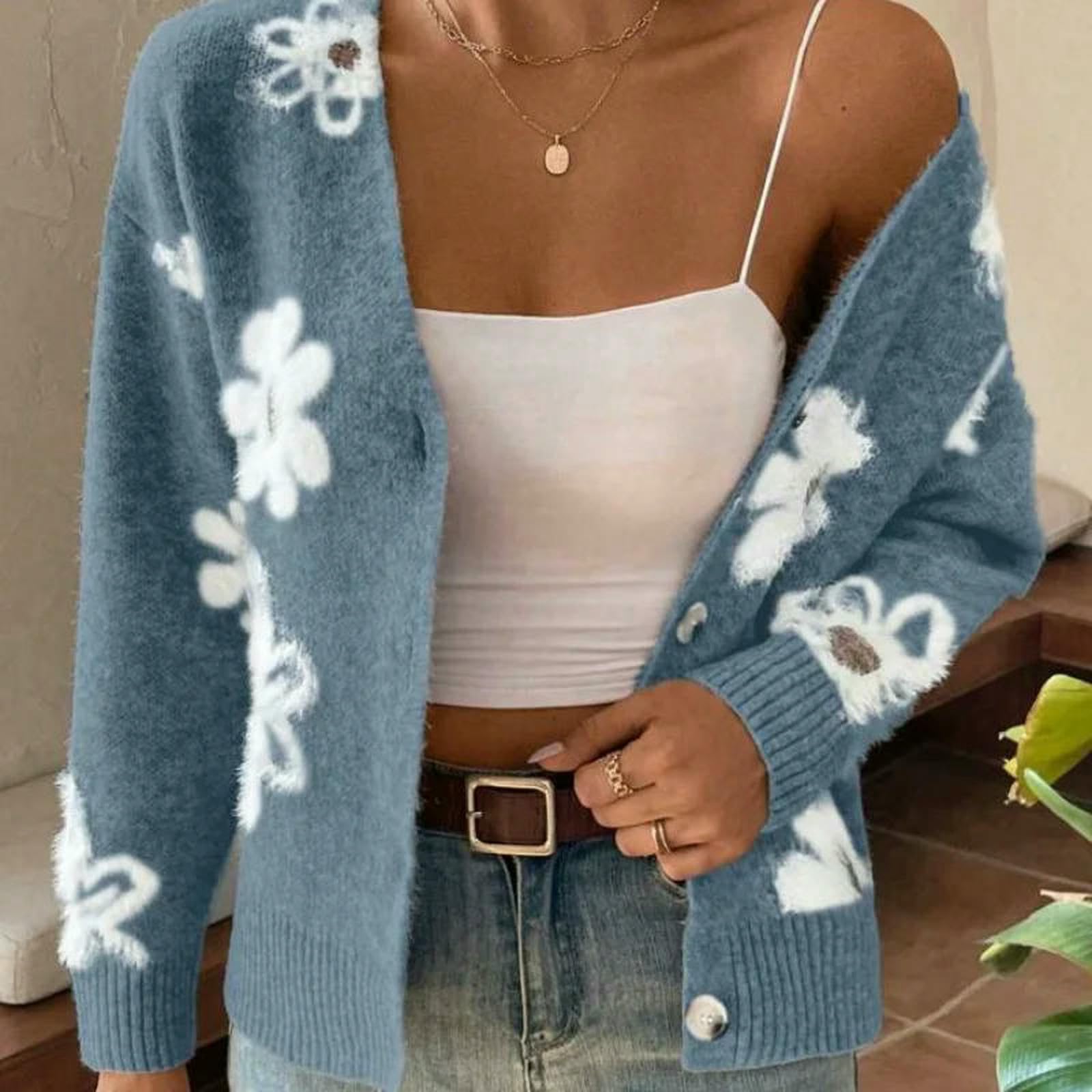 Maglione Donna Cardigan Floreale da Aperto sul Davanti A Maniche Lunghe Abbottonato Lavorato Maglia Capispalla-Blu-s