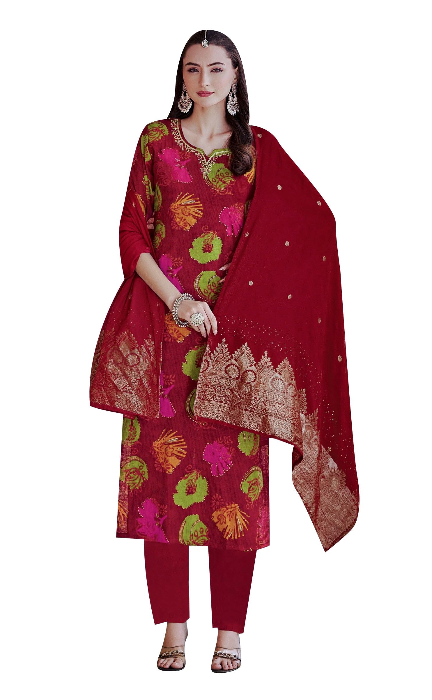 Ladyline Women Korean Silk Printed Hand Work Salwar Kameez | Digital Print Kurta with Pants & Jamawaram Dupatta | Ethnic Indian Dress (SPESK RAPR) (44/ Dark Rust)