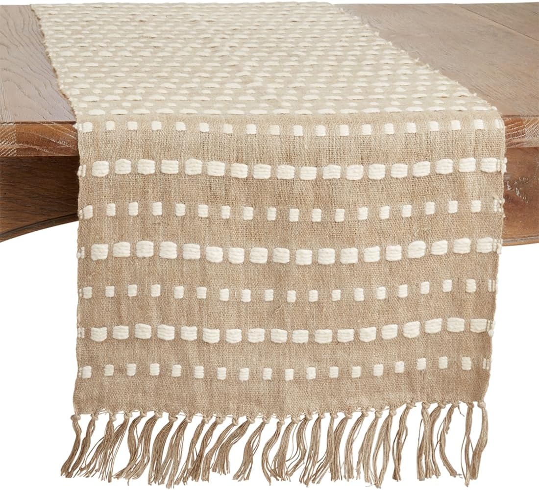 Fennco Styles Stitched Stripe with Fringe Cotton Table Runner 16" W x 72" L - Natural Woven Table Cover for Home, Dining Room, Banquets, Family Gatherings and Special Occasions