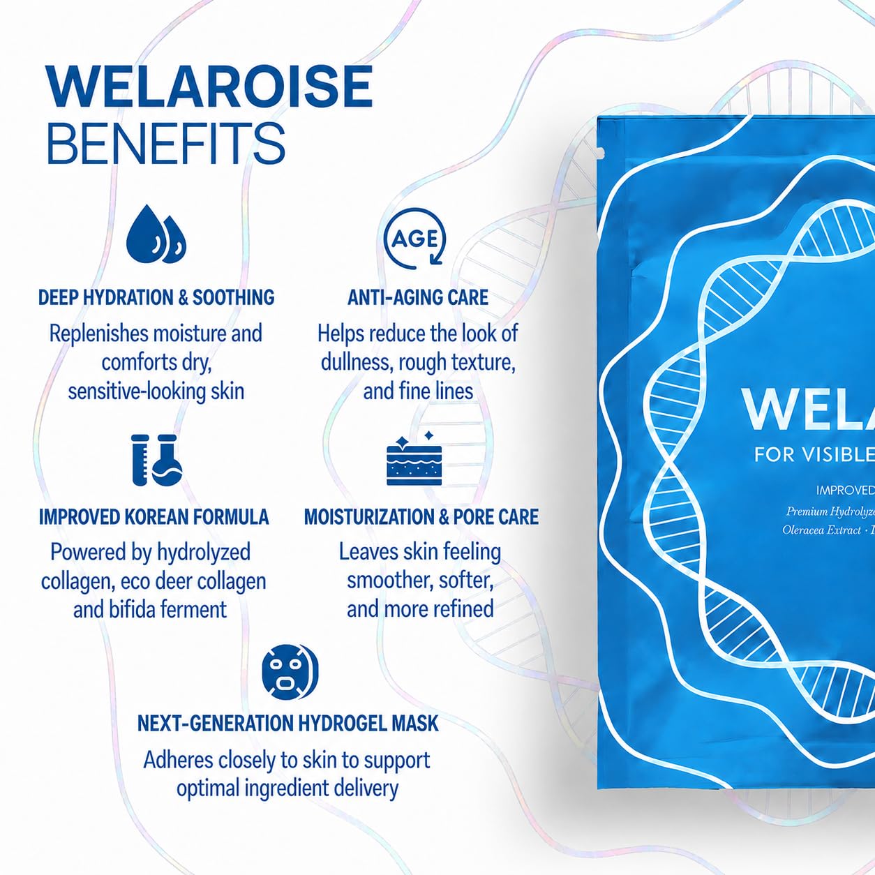 Welaroise Bio Protein - Mascarilla facial profunda de hidrogel de colágeno + 35% más de colágeno, hidratación intensa e hidratación, reafirmante, antienvejecimiento, renovación de la piel, cuidado de
