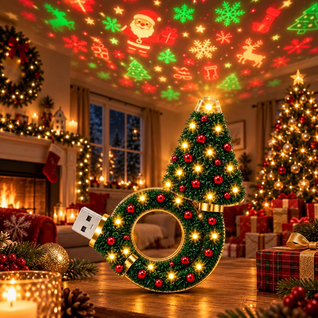 Christmas Projector Indoor, Plug and Play Christmas Tree Lights Decorations Lamp Projector USB Powered Night Light 6 Festive Projection Scenes with Warm Led Glow for Bedroom, Ceiling & Holiday Decor