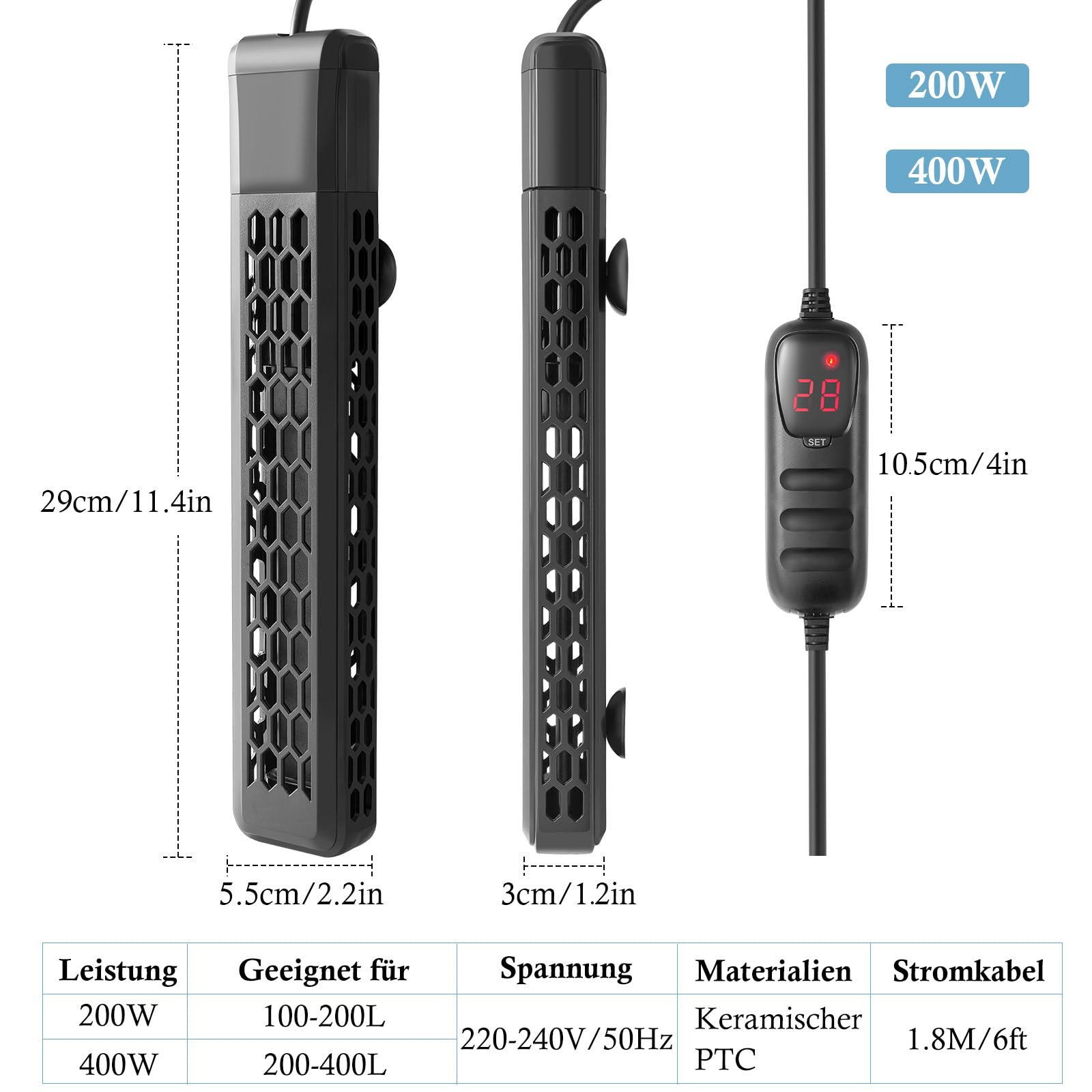 FEDOUR 200W 400W Aquarium PTC Heizung mit Kontrolleur: Digitales Aquarium Heizstab für Fisch- und Schildkrötenbecken 100-400L, Tauchbare Aquarienheizung mit Schutzgehäuse