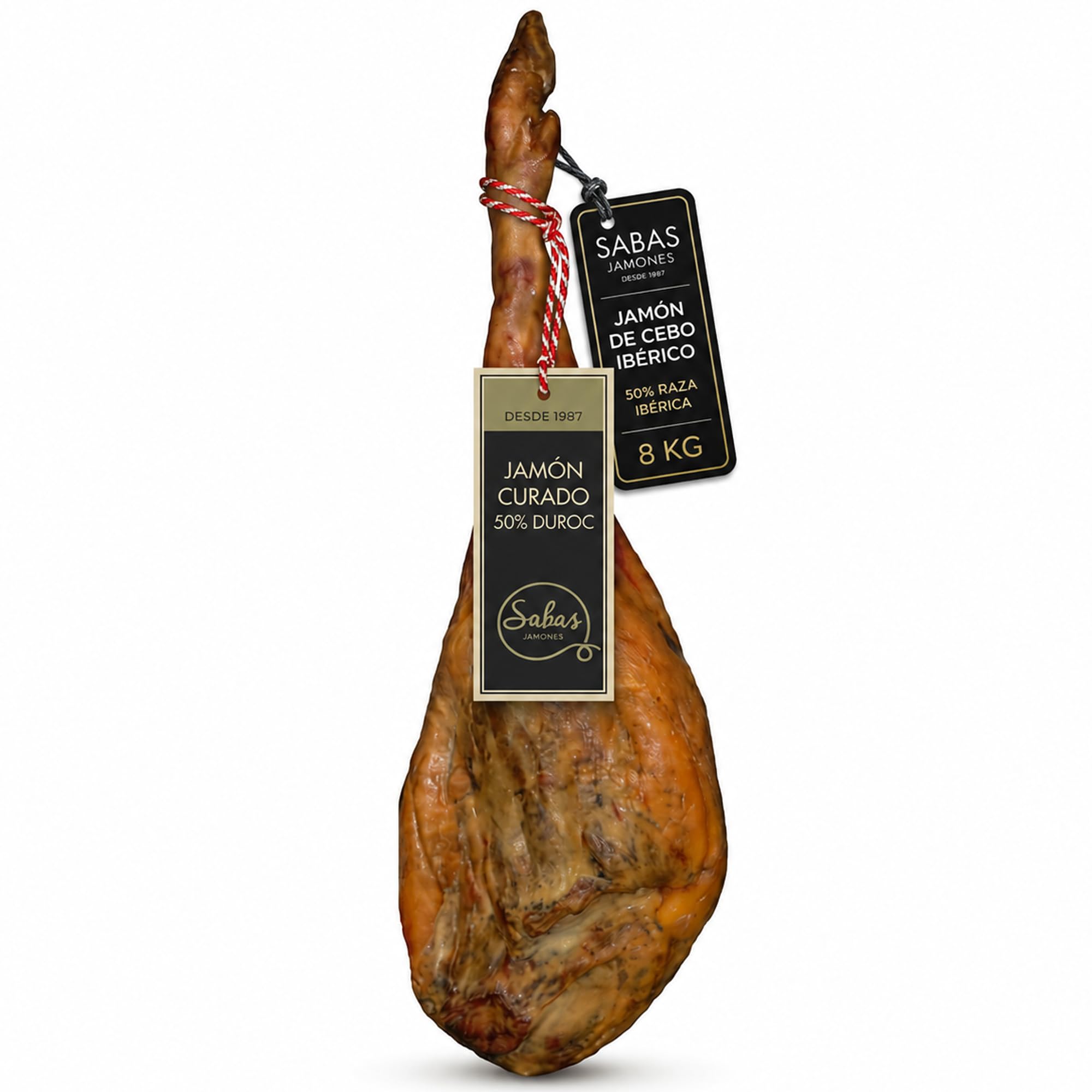 SABE A SABAS Jamon Curado 50% Duroc Gran Reserva Pieza Entera 8 kg Bodegas Curacion Natural Sin Gluten Sin LactosaTradicion Desde 1987 Corte Facil Bocadillos Tapas Aperitivos Regalo Gourmet Navidad