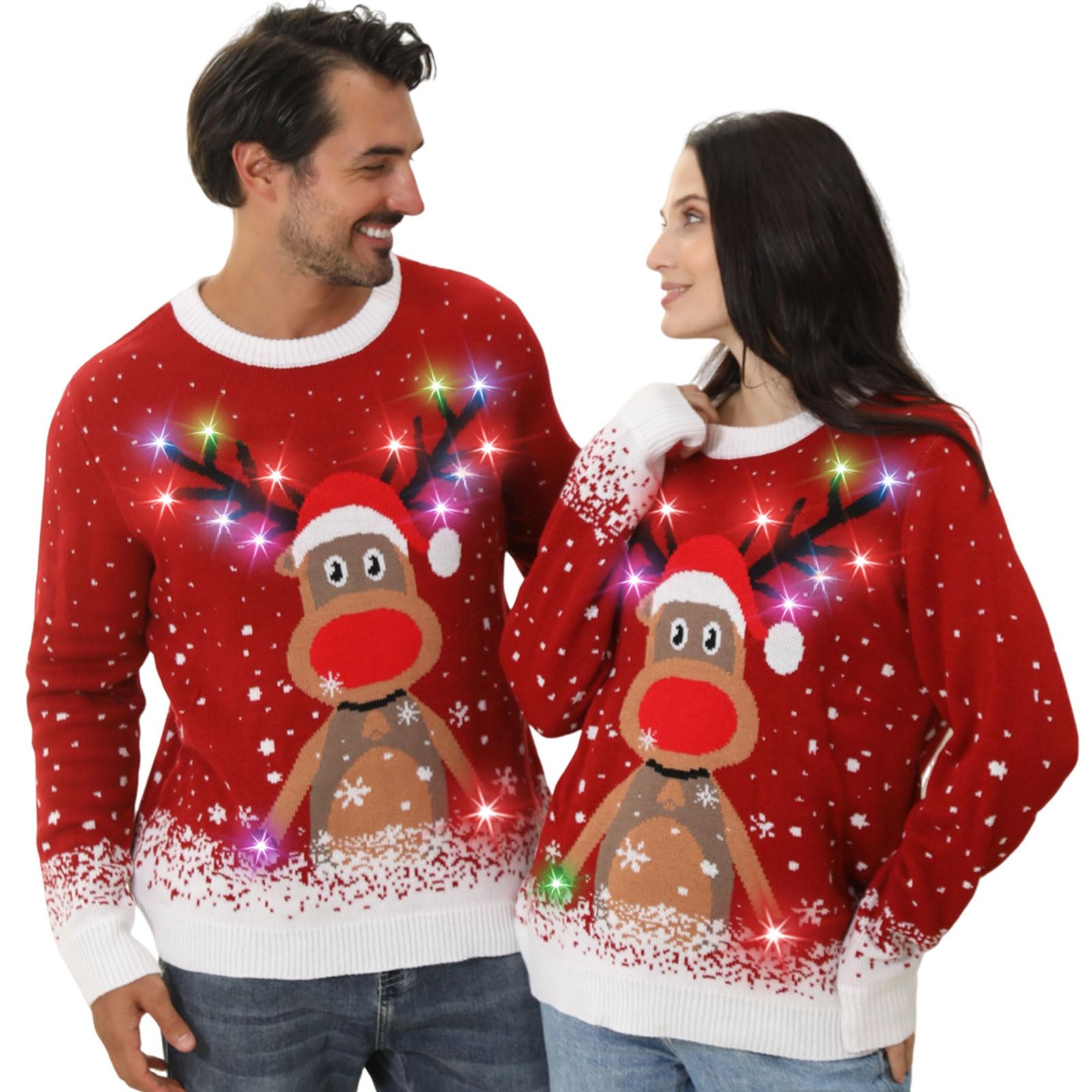 Maglione Natalizio con Luci LED, Maglioni Natalizi Famiglia Set, Brutti Maglione Natalizio Uomo Donna Ugly Christmas Sweater, One Piece Manica Lunga Maglia Natale Maglione di Natale per Coppia