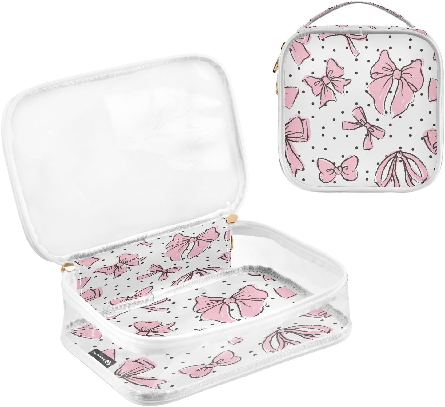 Kigai Pink Bow Makeup Bags for Women and Girls Waterproof Portable Cosmetic Bag Clear Toiletry Bag with Zipper & Handle Travel Accessories Organizer, 2 Pack - Image 3