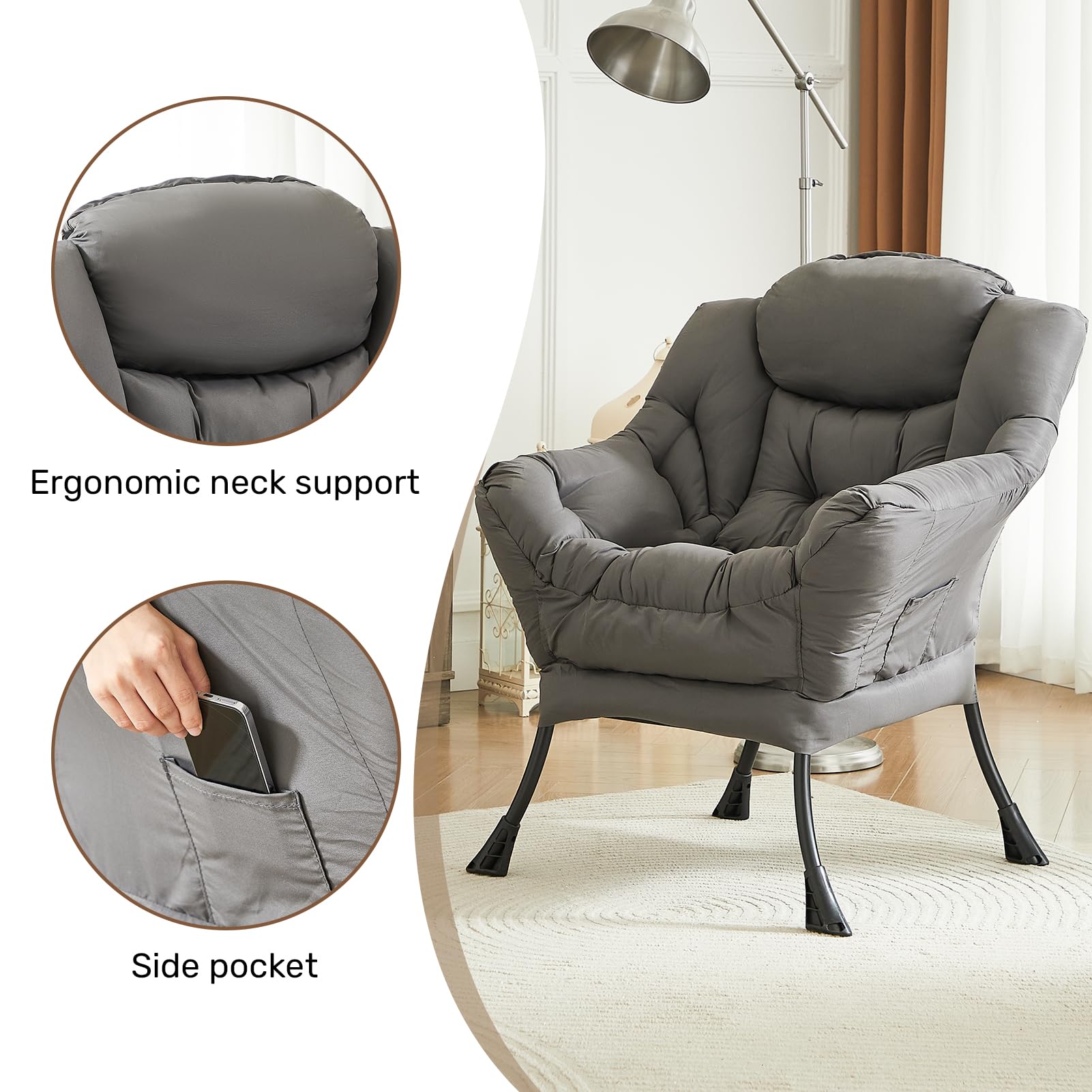 Silla perezosa grande de tela para sala de estar, silla de lectura, acogedora silla de descanso con reposabrazos, sofá de ocio, color gris oscuro 3