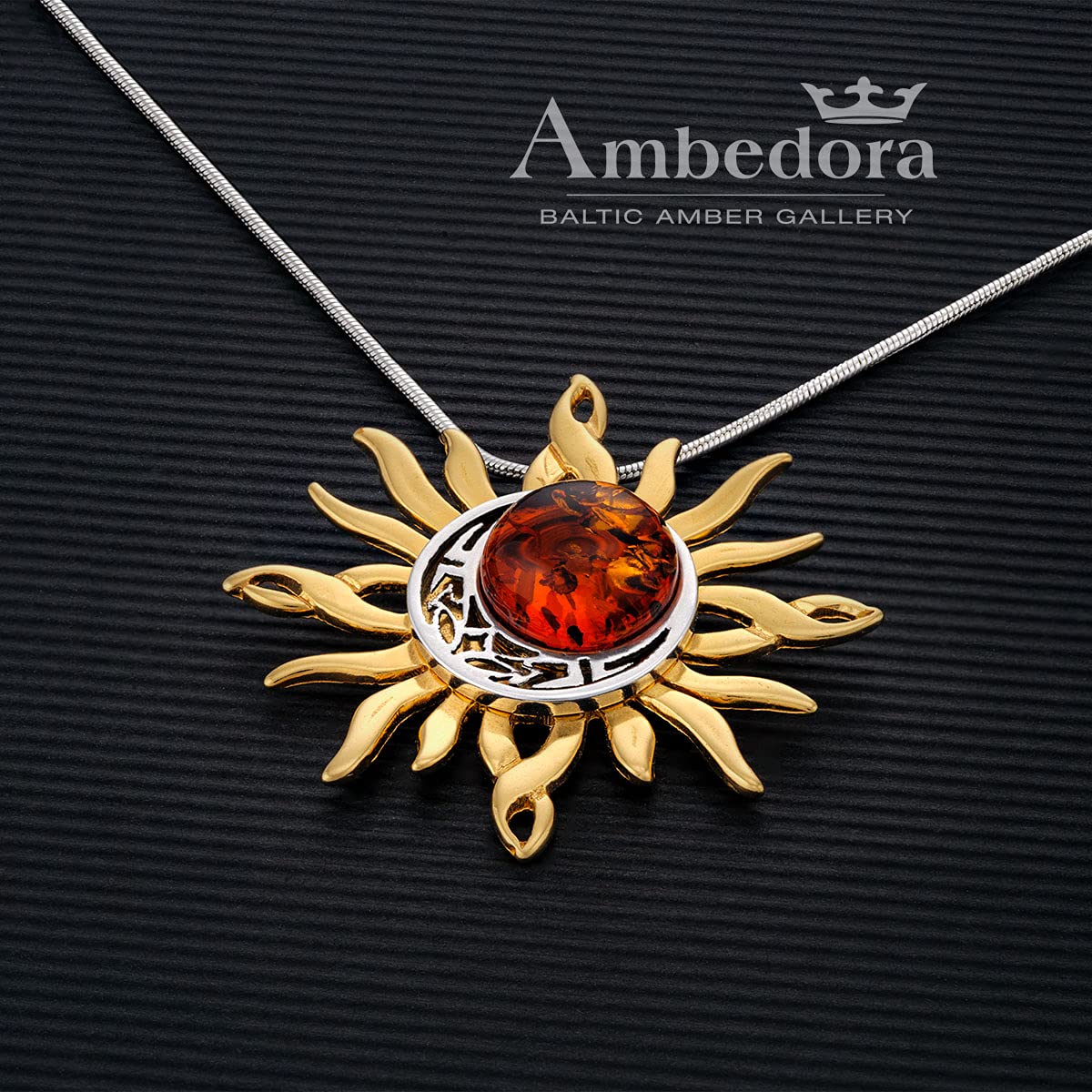 Collana da donna in argento sterling placcato oro 14 k, ambra baltica rotonda, sole celtico e luna ciondolo a catena a serpente, Argento sterling, Ambra