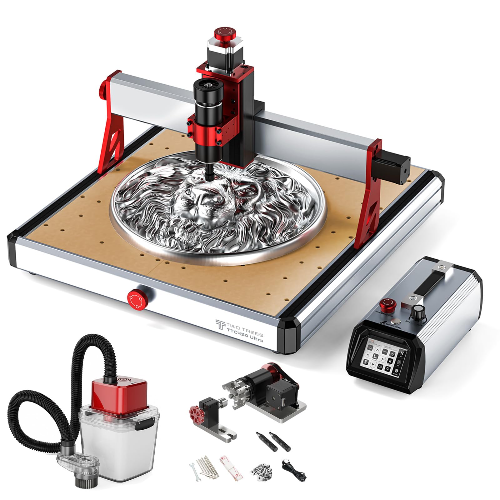 Twotrees TTC450 Ultra 500W CNC Fräsmaschine, M1 Staubabsaugung, CNC Drehachse, mit 3,5 Zoll Touchscreen Controller, CNC Gravurmaschine für Metall, Aluminium, Holz