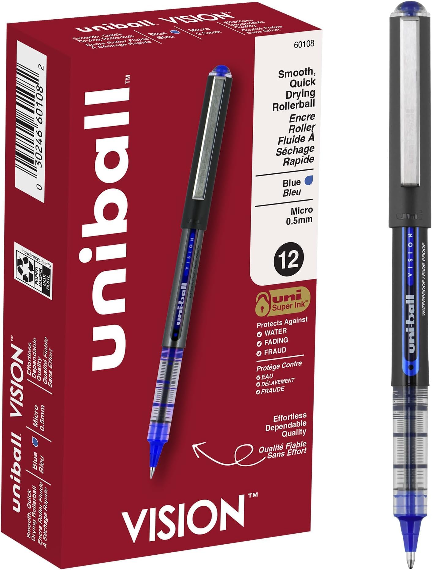 Uniball Vision Rollerball Pen - 12 Count, Blue Pens, 0.5mm Micro Tip Size - Smooth Writing Japanese Pens, School Supplies (Pack of 12)