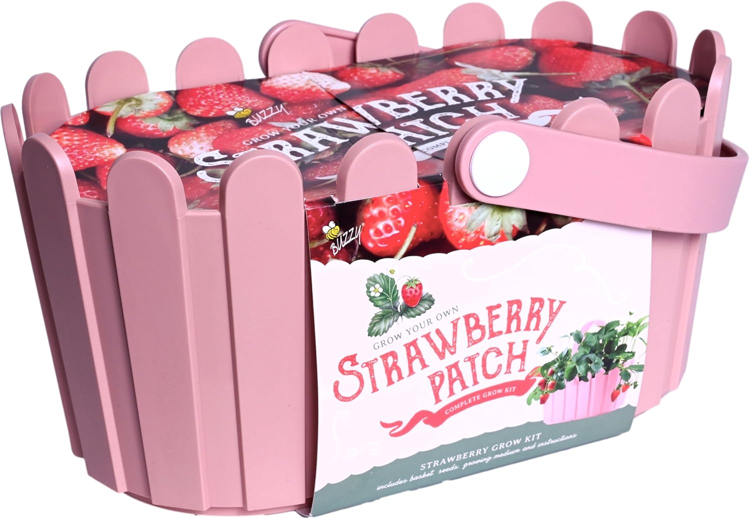 Buzzy Seeds Strawberry Grow Kit Pink Picket Fence Berry Basket with Grandian Seeds, Indoor Planting Starter Kit, DIY Garden Project, Gardening Gift for Women