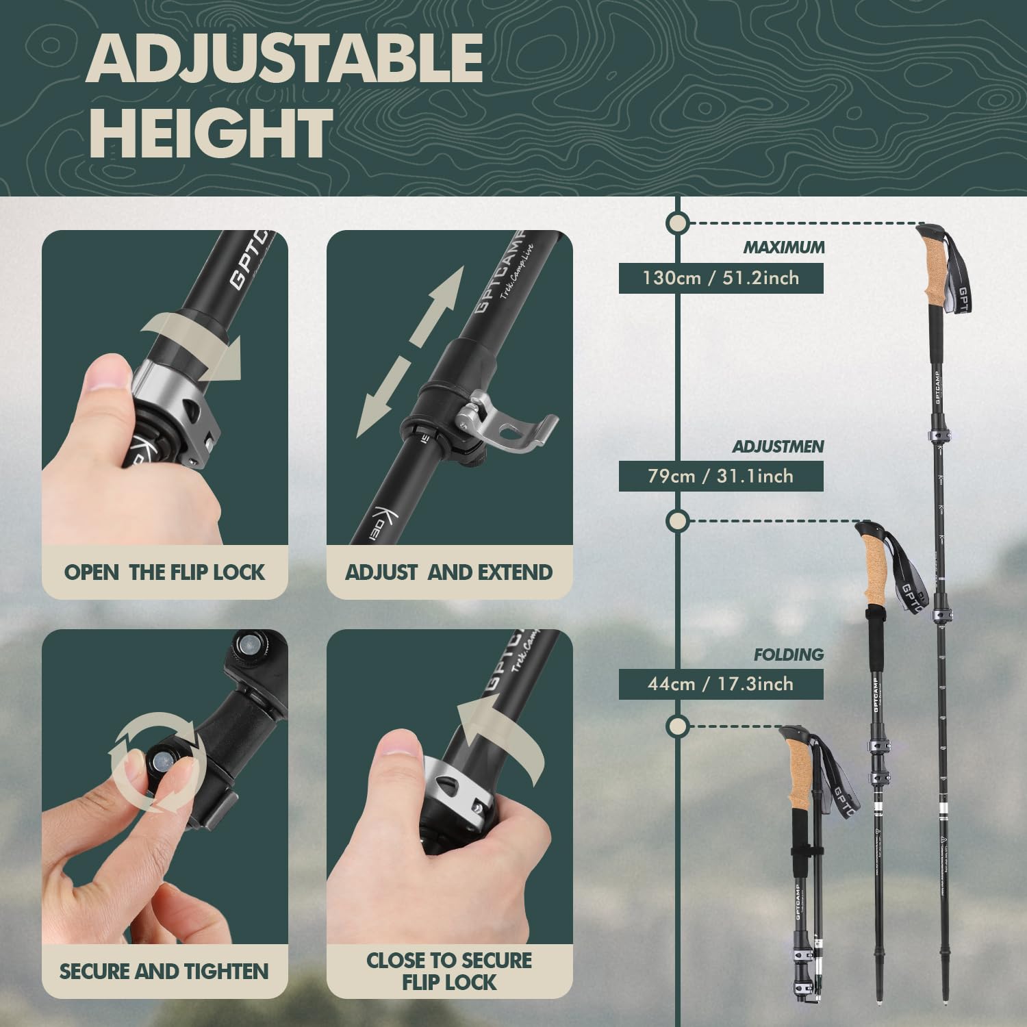 GPTCAMP Bastones de senderismo, bastones de senderismo plegables, ligeros y plegables para hombres y mujeres, 2 bastones de senderismo ajustables con agarres de espuma EVA para mochileros, color negro