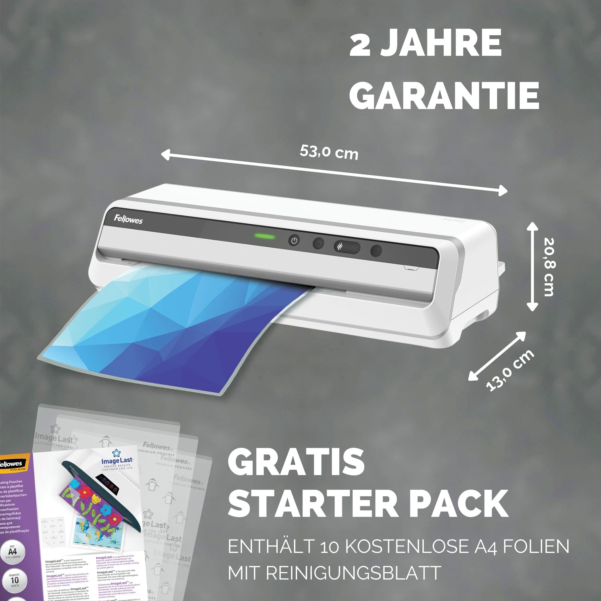 Fellowes Laminiergerät Jupiter A3 - vollautomatischer Büro-Laminator - nur 60 Sek. Aufwärmzeit - für Heißlaminierfolien bis 250mic - Anti-Stau-Funktion - inkl. Starterset für 10 Laminationen