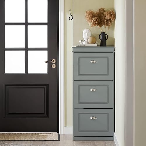 Miniatura 23 de Haotian FSR82-L-SCH - Zapatero de pasillo negro, zapatero de diseño moderno, zapatero delgado con cajón abatible y cojín de asiento acolchado Negro