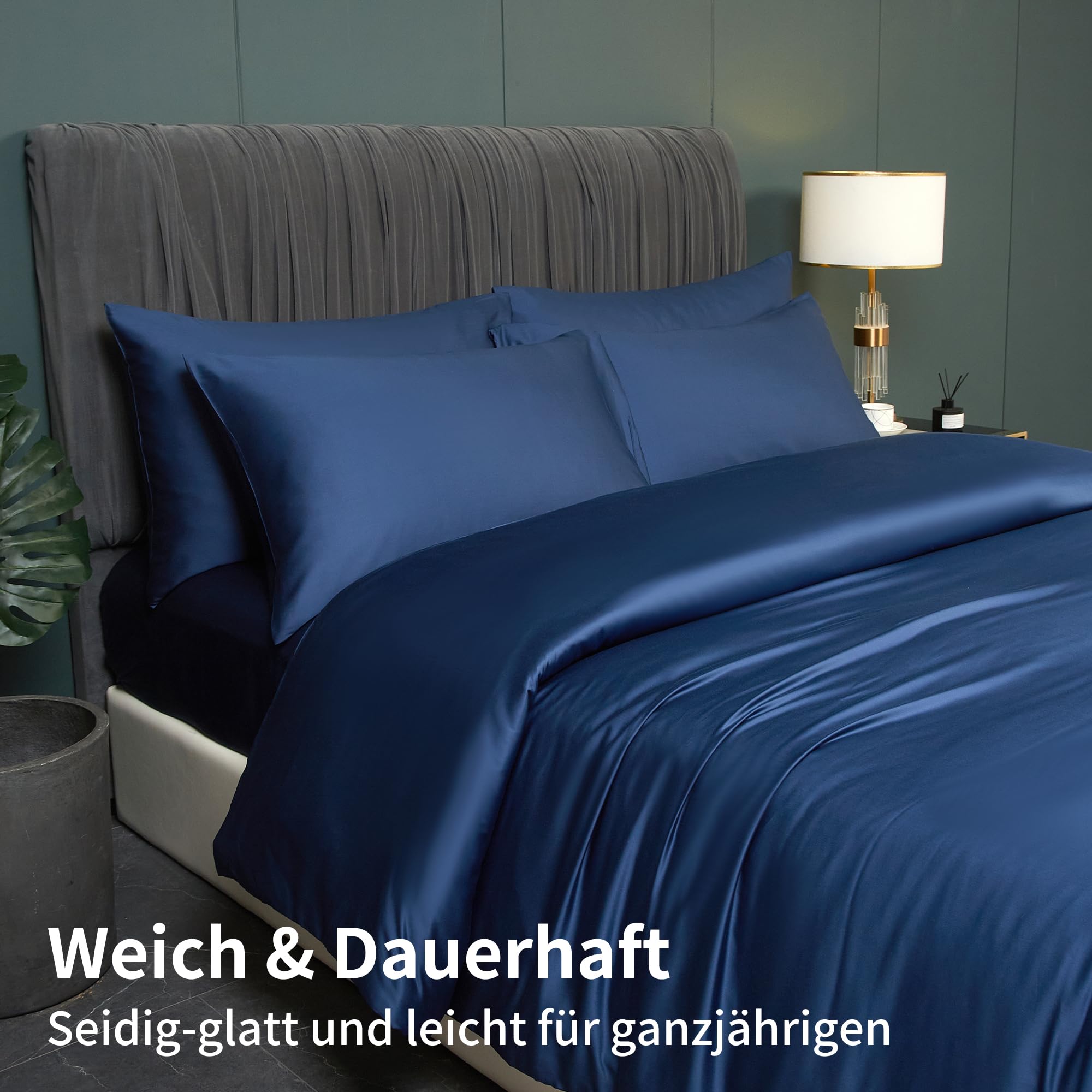 Luowei Kühlender Bettwäsche 200 x 200 cm Dunkelblau Sommer Bettwäsche Set aus Bambus Polyester,Atmungsaktiv Weich Oeko-TEX Bettbezüge mit Reißverschluss und 2 Kissenbezüge 80x80cm
