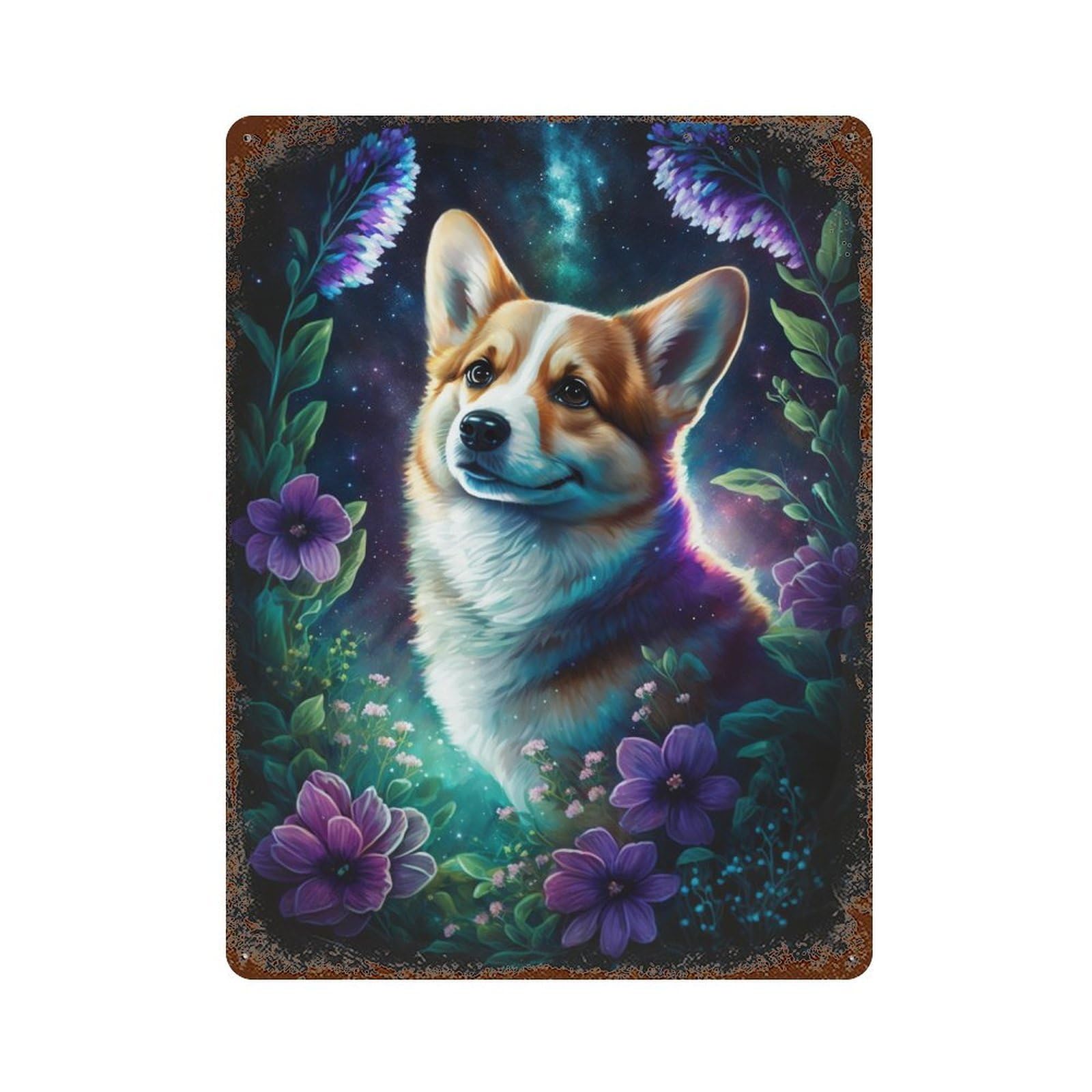 Rust Effect Corgi in Starry Garden Aged Metal Wall Plaque 15.7"x11.8", Classic Wall Plaque for Basement, Hobby Room And Garage Decor