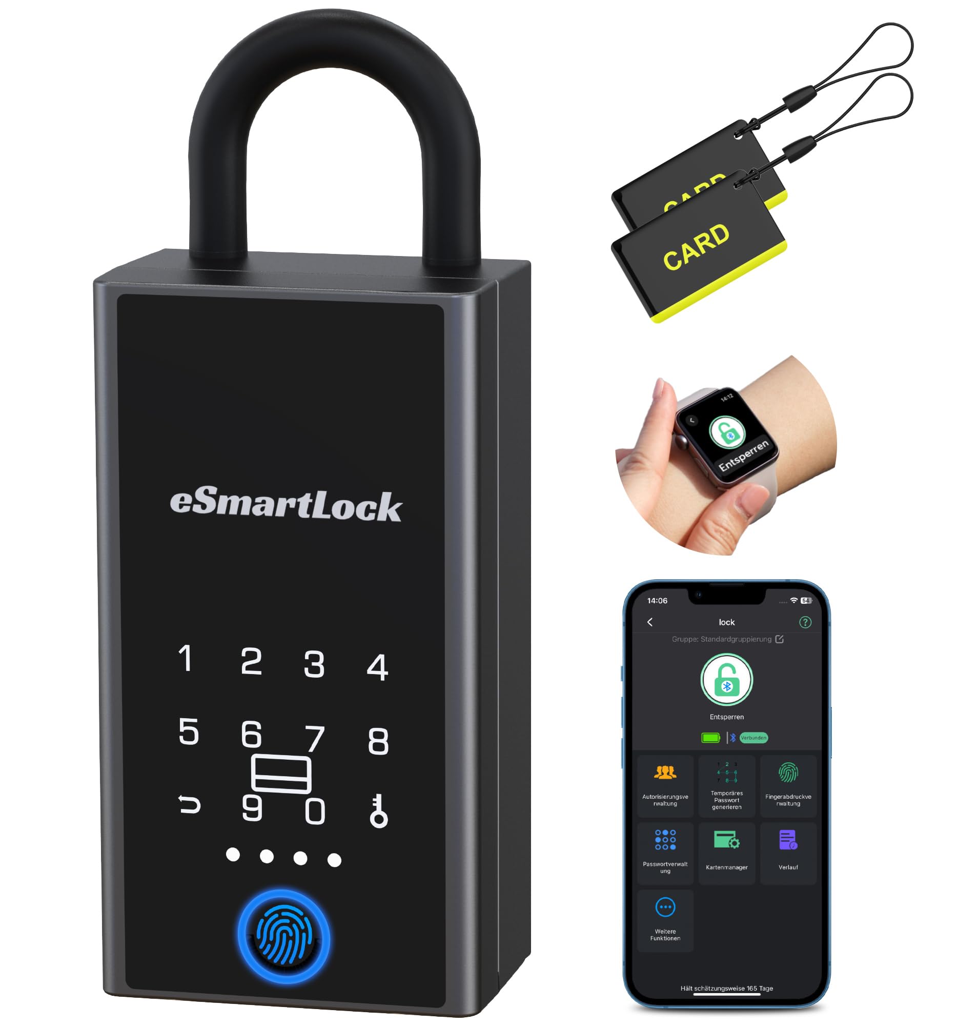 Schlüsselbox mit Fingerabdruck, RFID & Bluetooth – Wetterfester Smart-Key-Safe für Immobilienmakler & Vermieter, Schlüsselversteck außen, Türhänger oder Wandmontage