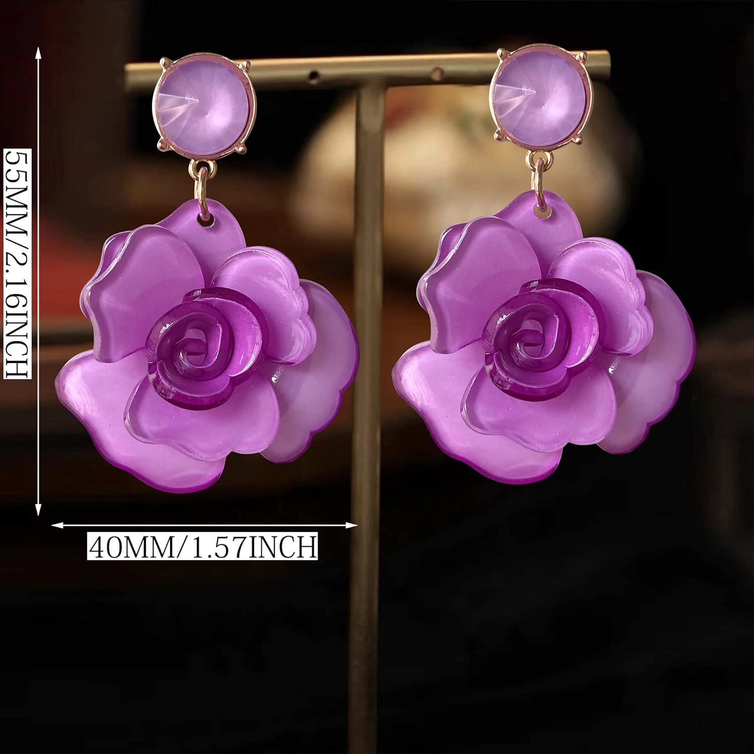 Unique Dainty Bohemian Luxury Oversize Resin Big Flower Dangle Drop Earrings Boho Big Flower Floral Petal Stud Earrings For Women Statement Crystal Jewelry Gifts - Image 2