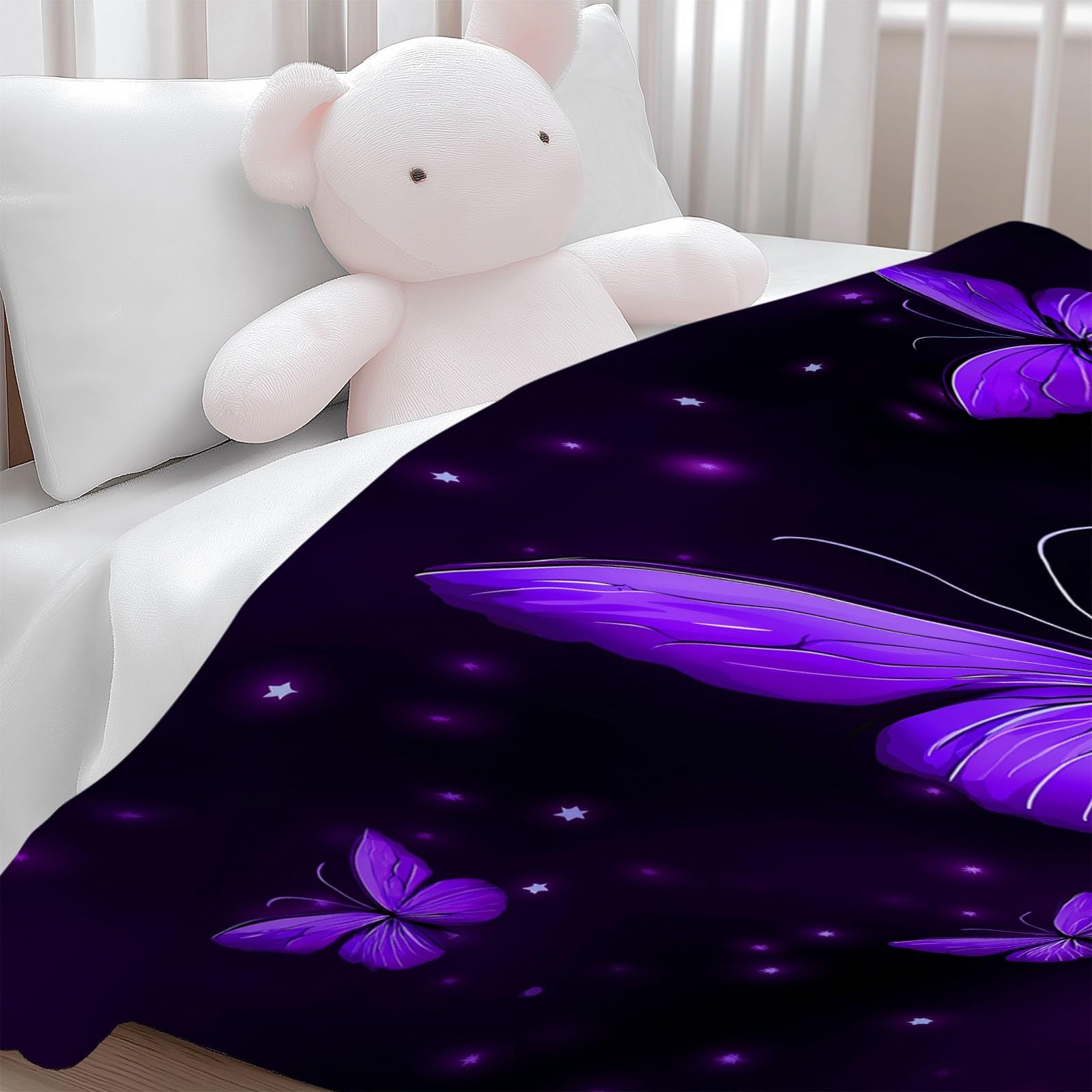Coperta Plaid Pile in Flanella 180x220 cm Coperta Pile Piccola Farfalla Cielo Stellato, Morbida Soffice Calda Coperte per Divano Singolo Matrimoniale Letto Viola