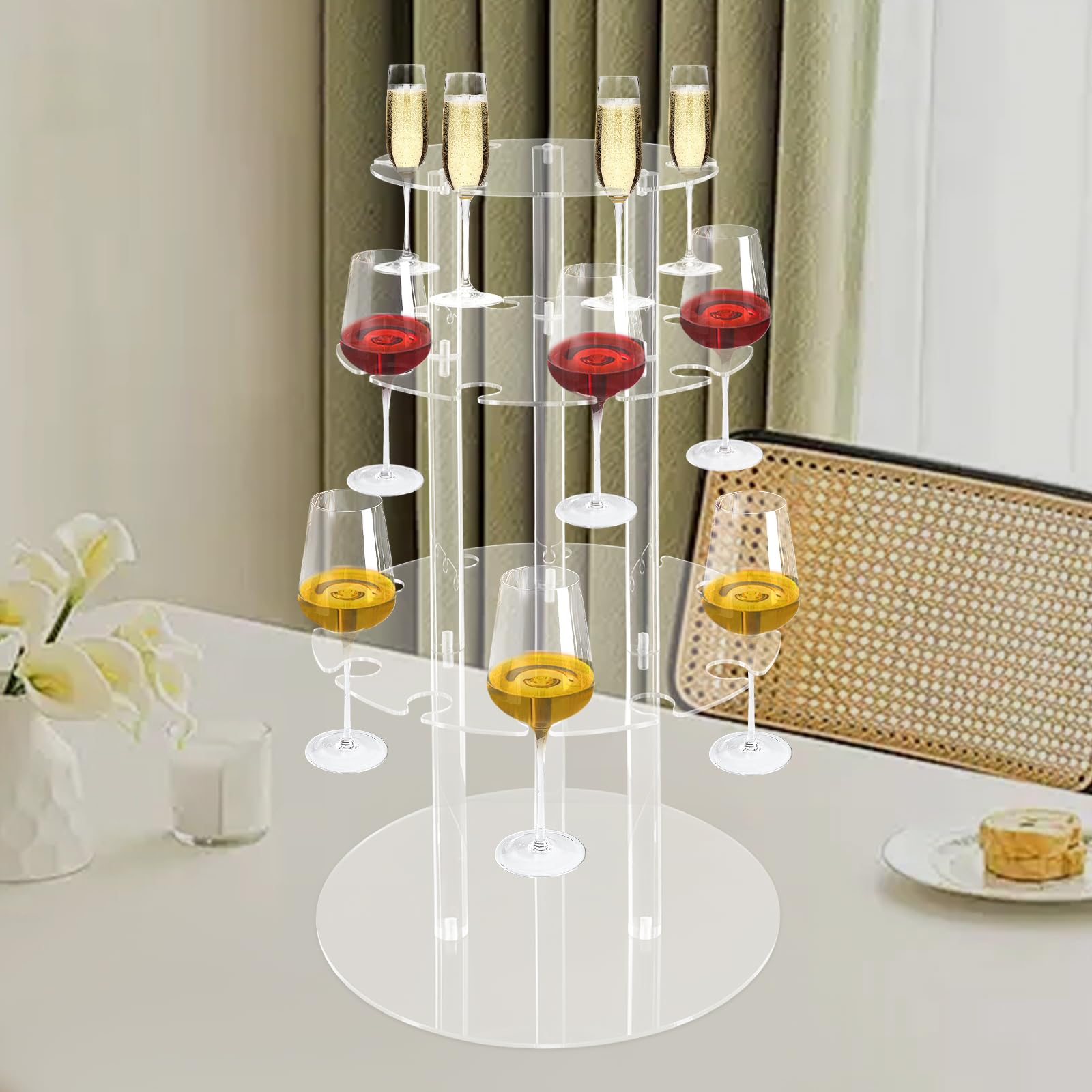 FIPINIXK 3 Tier Champagne Display Rack Stand Clear Acrylic Champagne Holder with ? Cup Holder Champagne Glass Holder for Birthday Parties Weddings Engagement Ceremonies, 14 × 26 Inch
